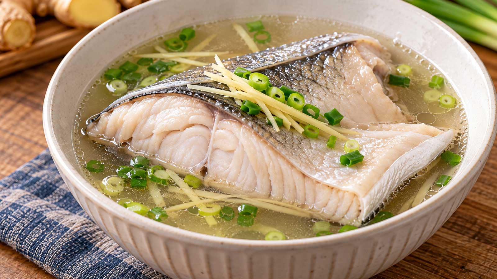 加入薑絲與蔥花的清湯虱目魚肚料理