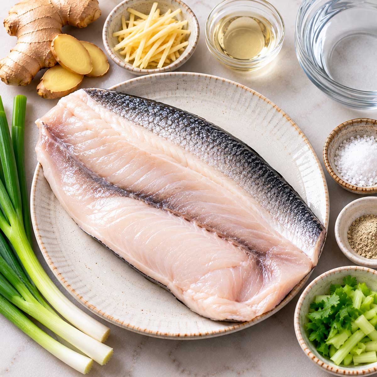 生虱目魚肚、薑絲、青蔥、米酒、鹽與清水
