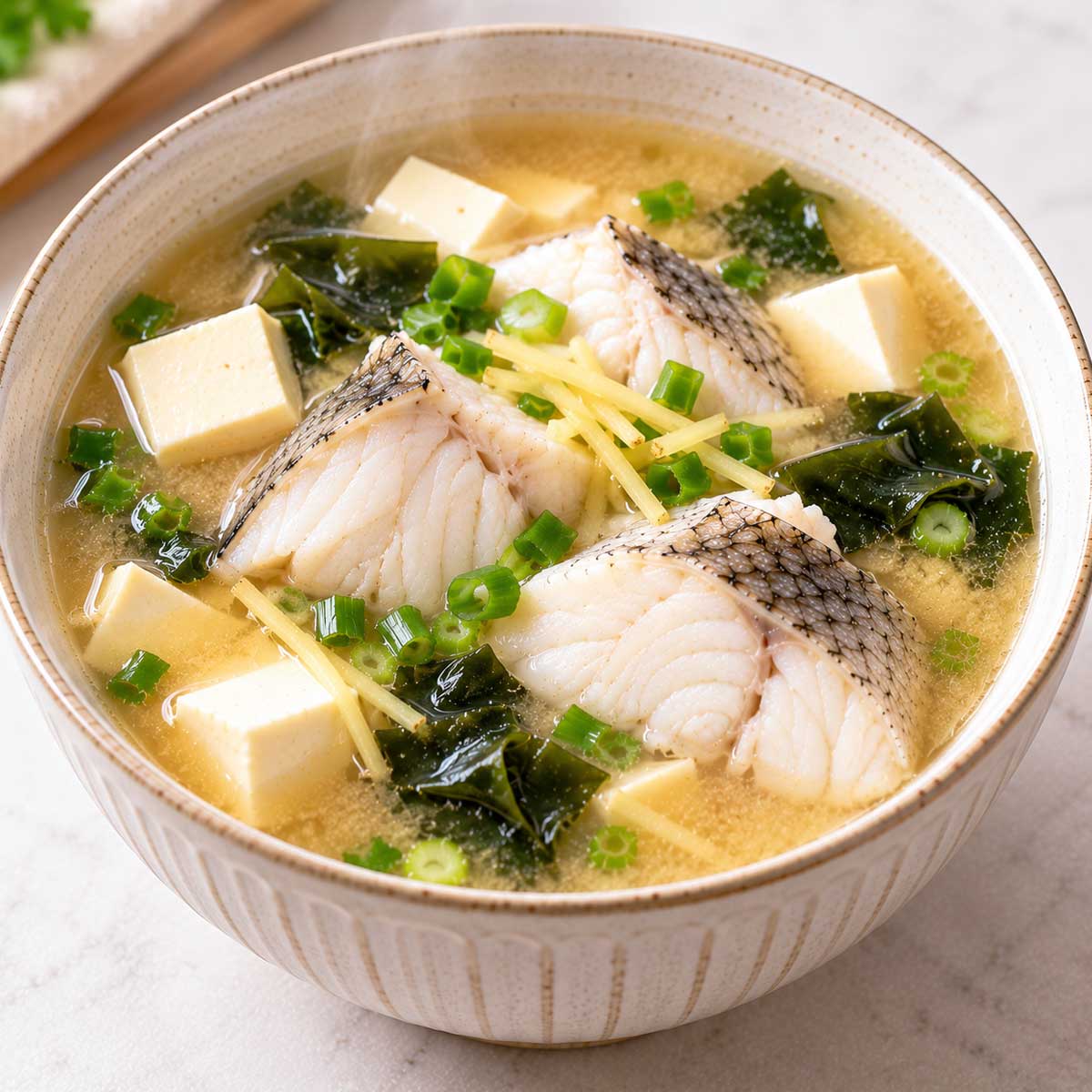 味噌湯中盛有魚塊、豆腐、海帶芽與青蔥