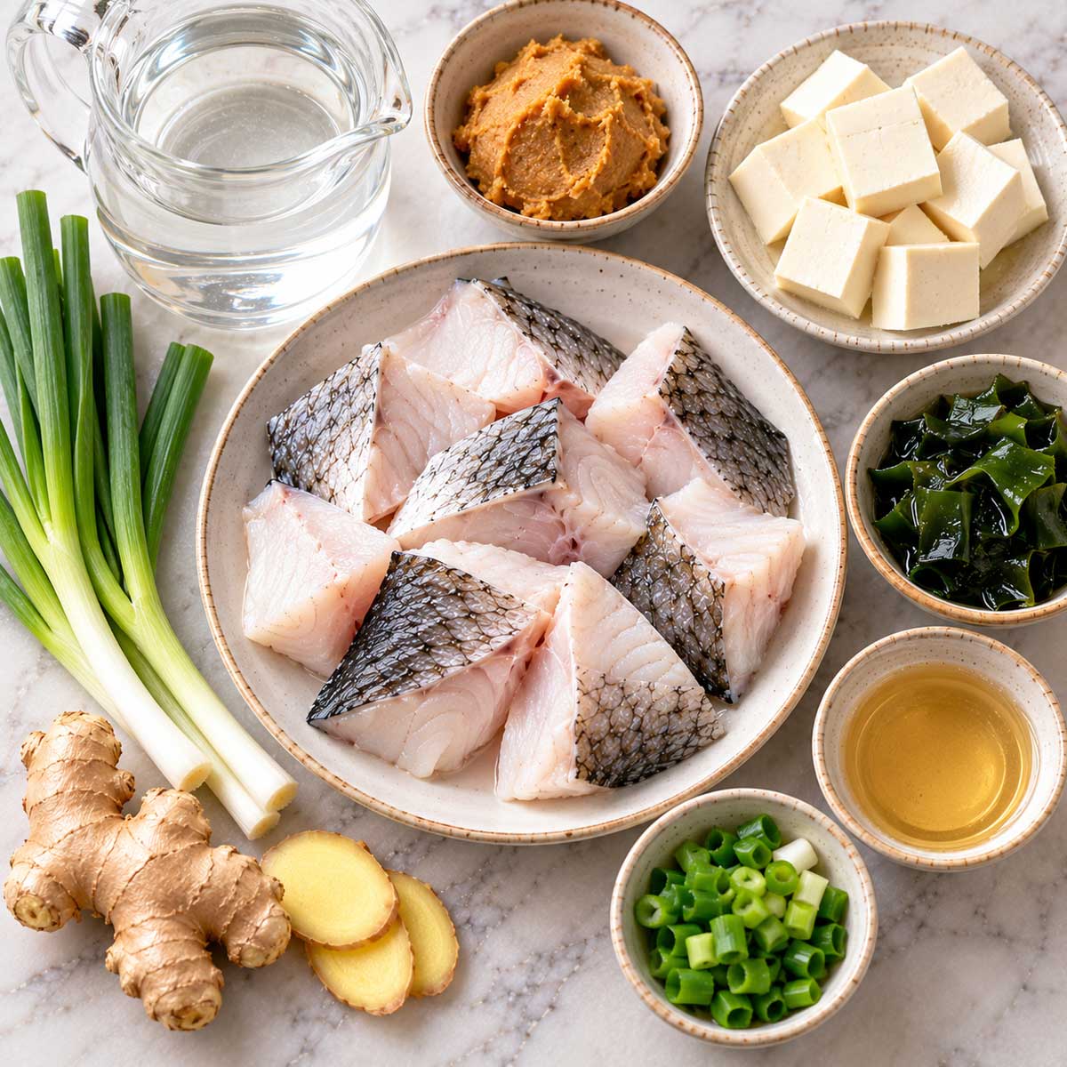 鮮魚、魚骨、豆腐、薑、青蔥與米酒等味噌魚湯食材