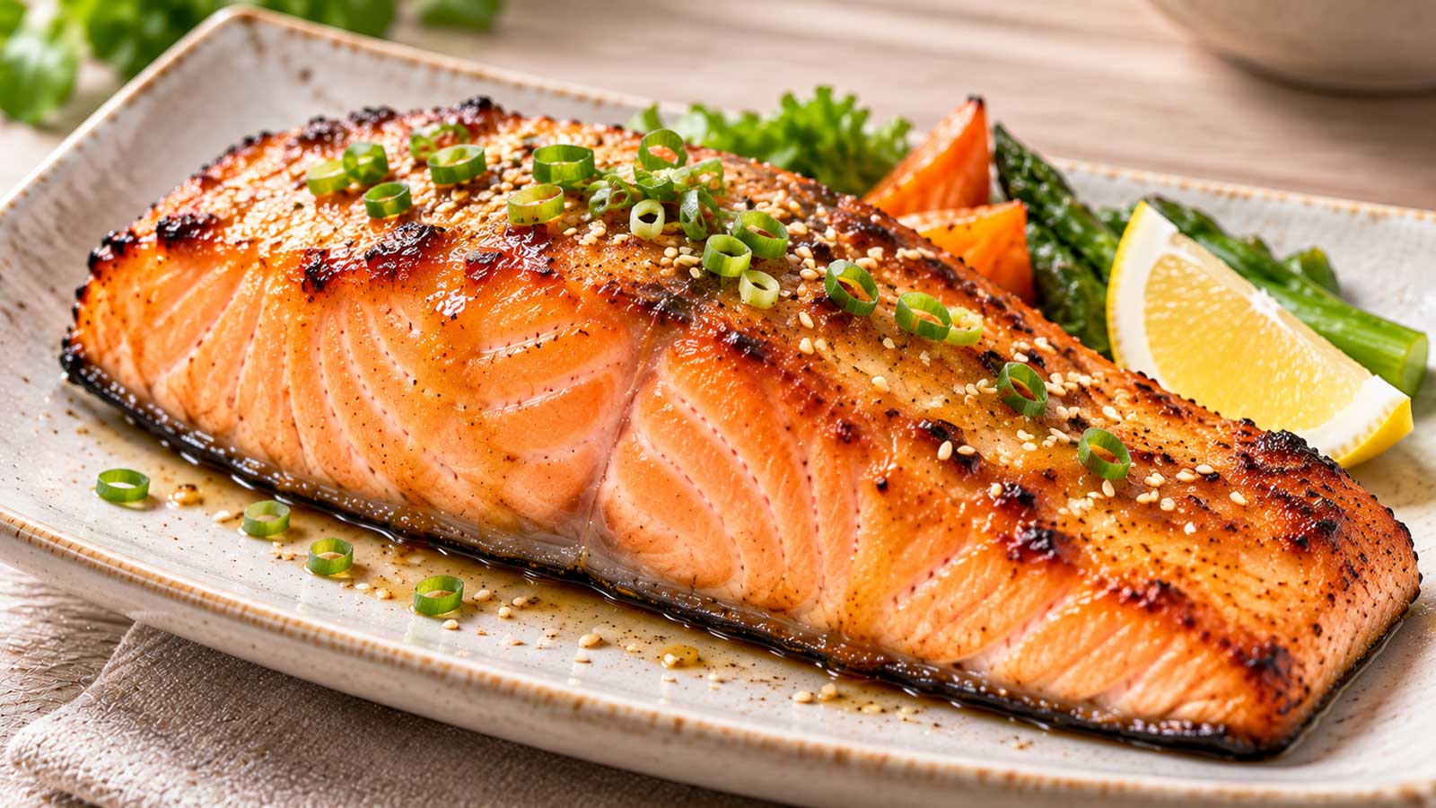 表面呈焦糖色並撒上芝麻與青蔥的味噌鮭魚料理