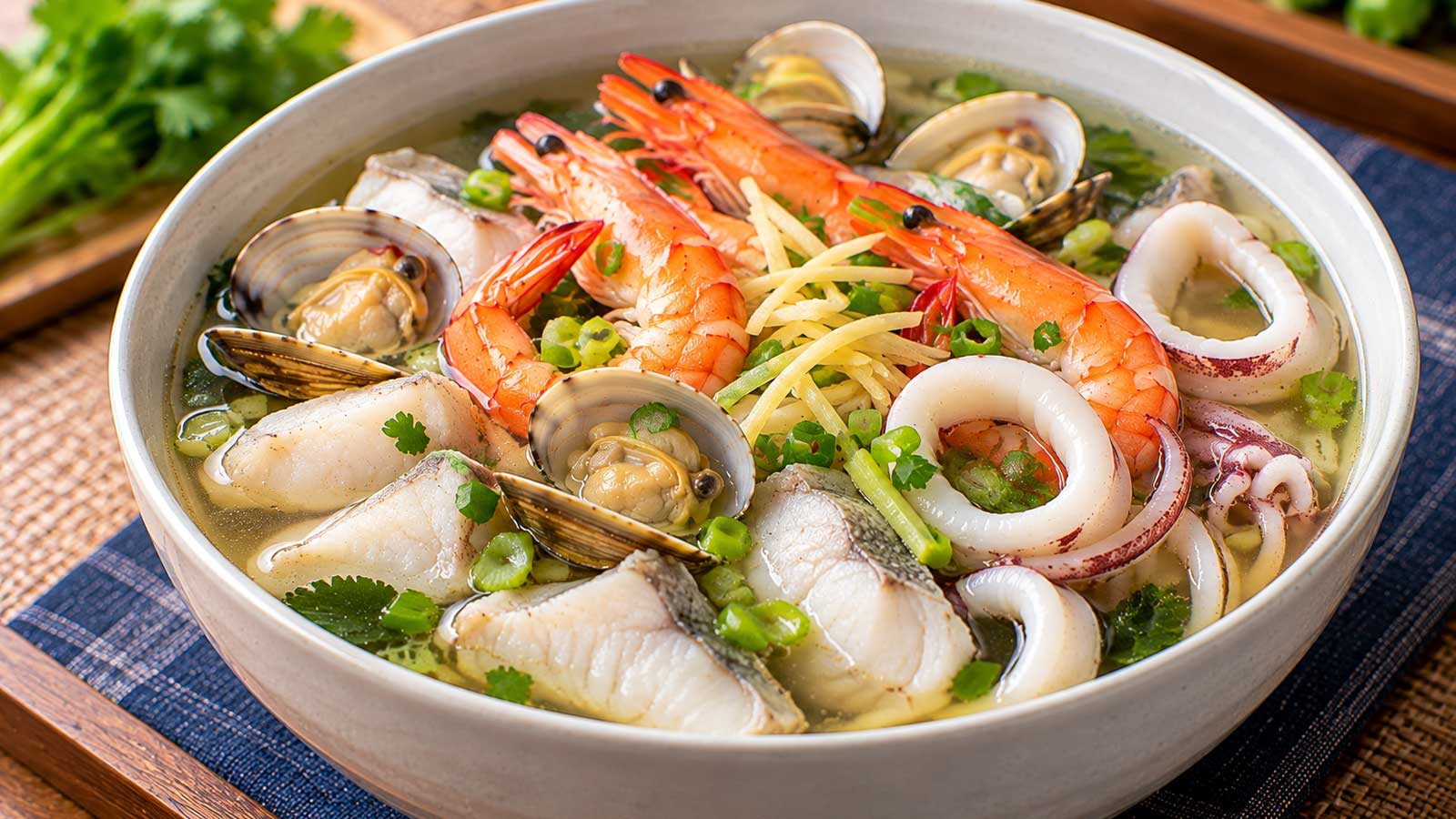 有蛤蜊、蝦、魷魚與青菜的綜合海鮮湯