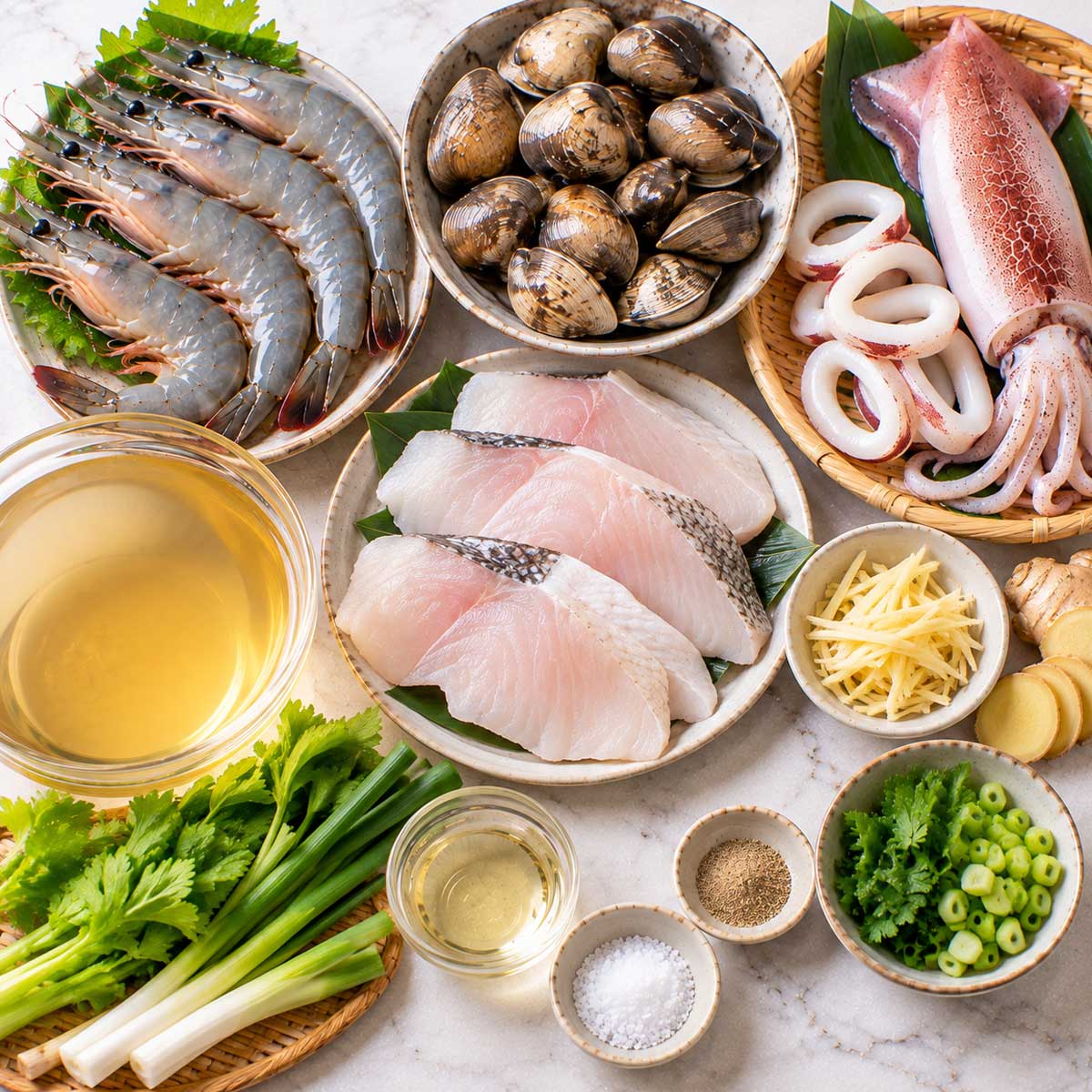 綜合海鮮湯材料：蛤蜊、蝦、魷魚、青菜、薑與蒜