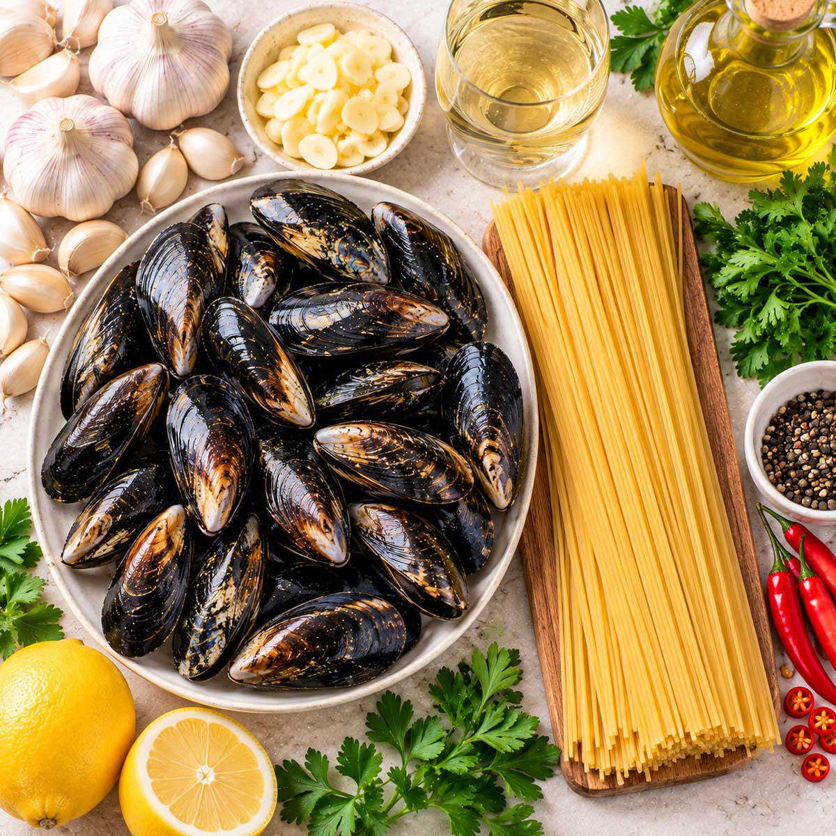 淡菜義大利麵材料：帶殼淡菜、義大利麵、蒜頭、橄欖油和檸檬