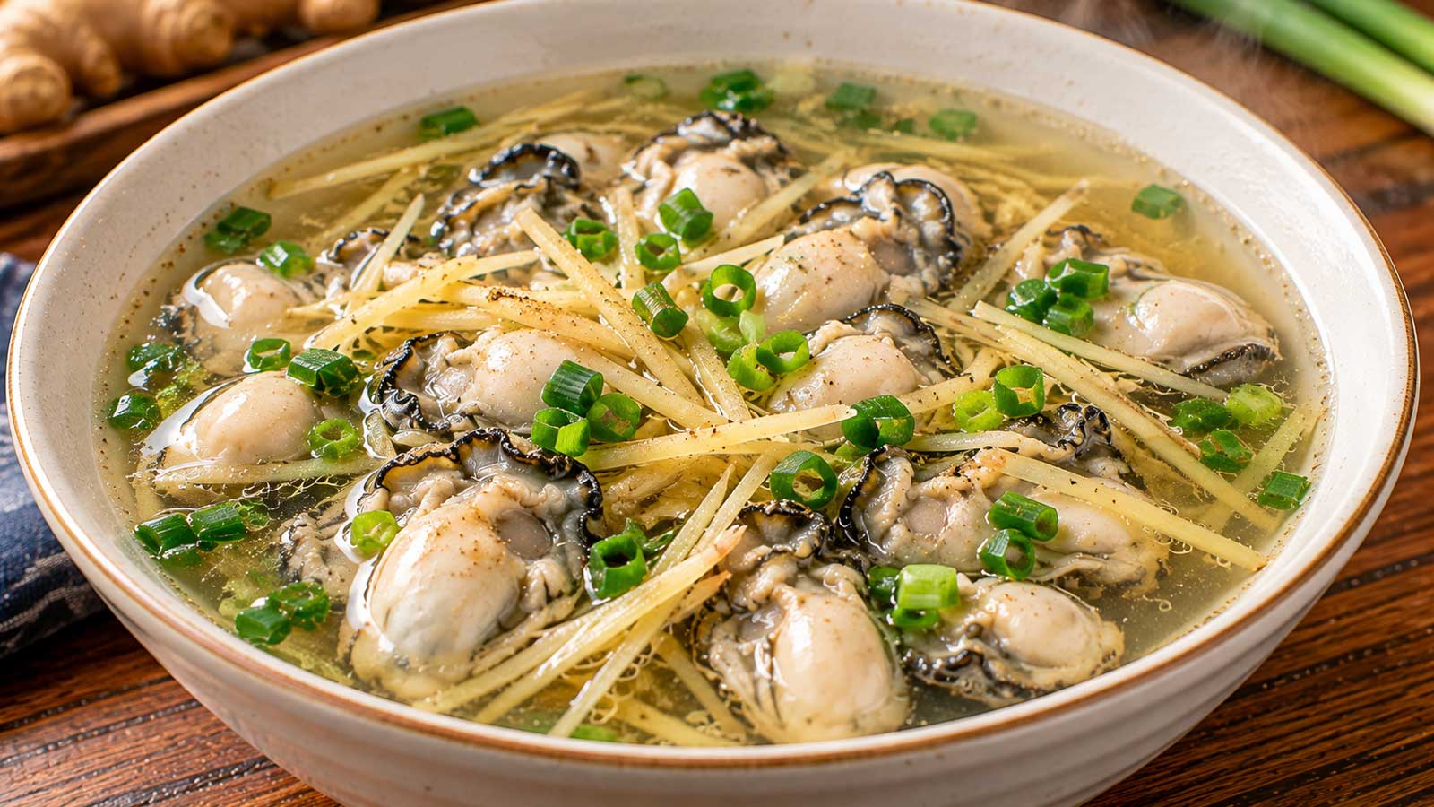 完成的薑絲蚵仔湯,盛在湯碗中