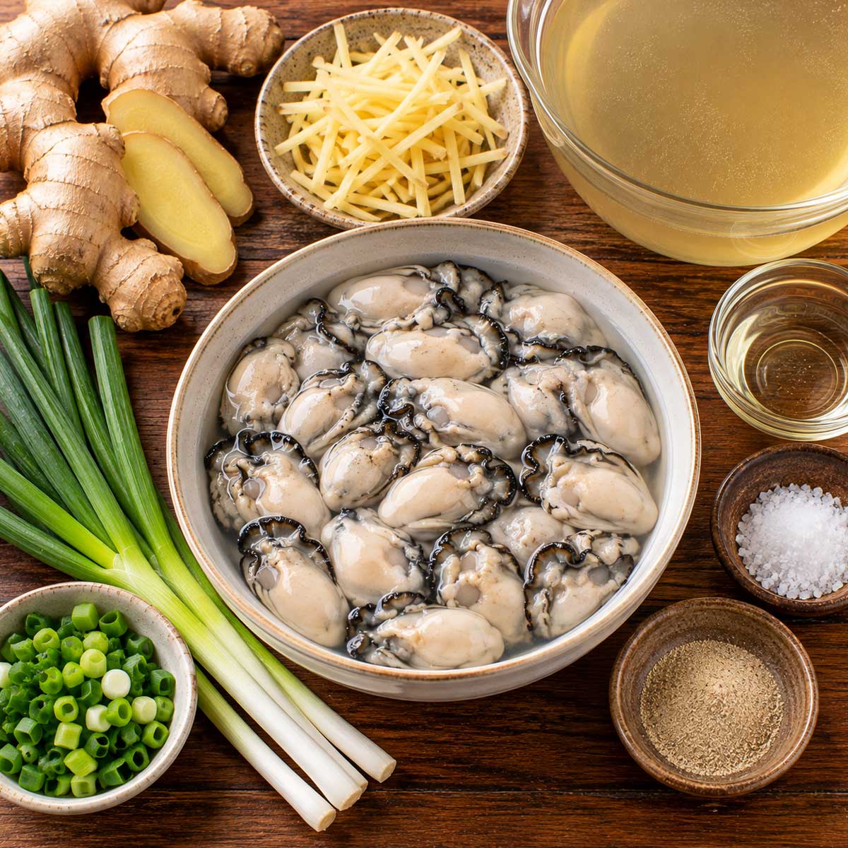 蚵仔湯材料:去殼蚵仔、薑絲、蔥花與調味料