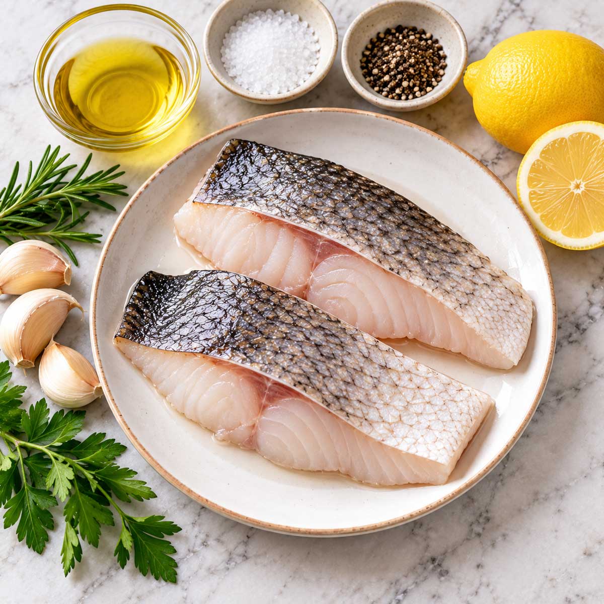 鮮魚、鹽、胡椒、食用油、薑片與檸檬等香煎魚食材