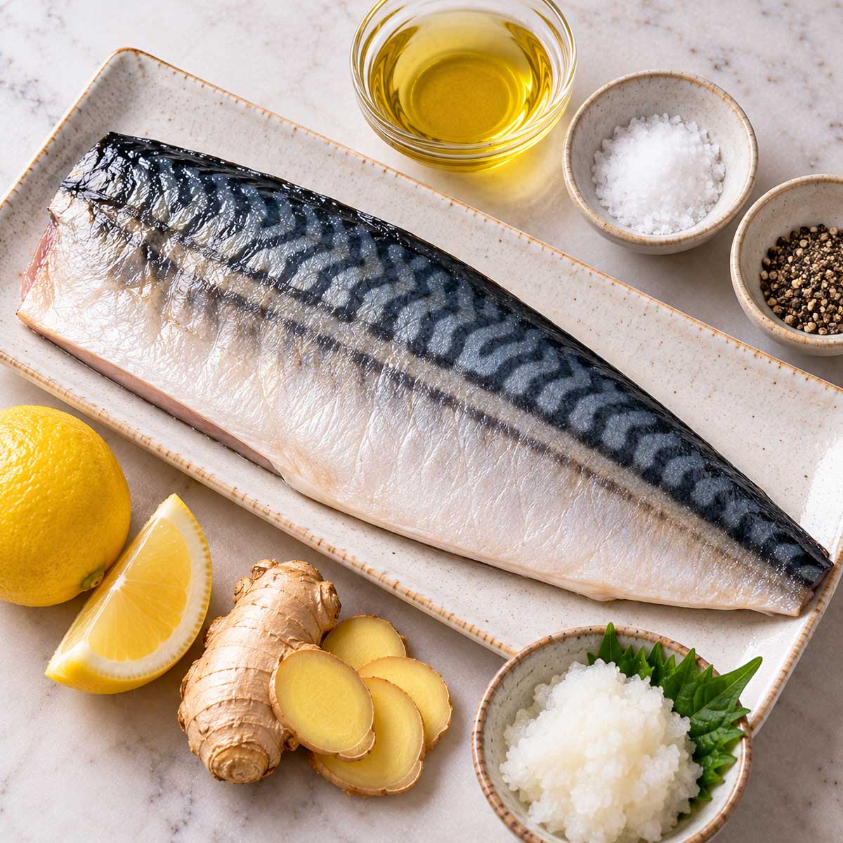 生鯖魚片、鹽、食用油、檸檬與白蘿蔔泥