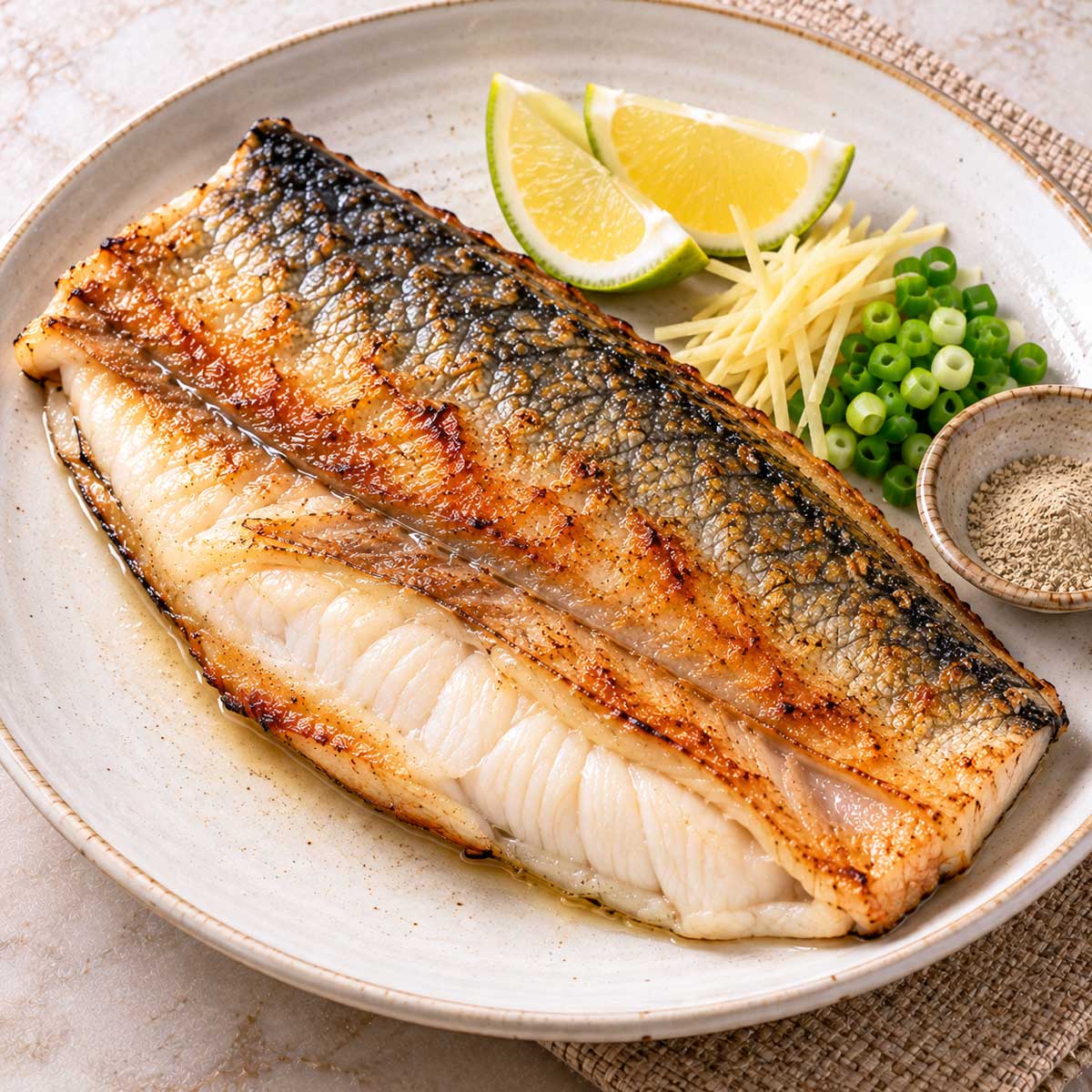 搭配薑絲、青蔥與檸檬的完整香煎虱目魚肚