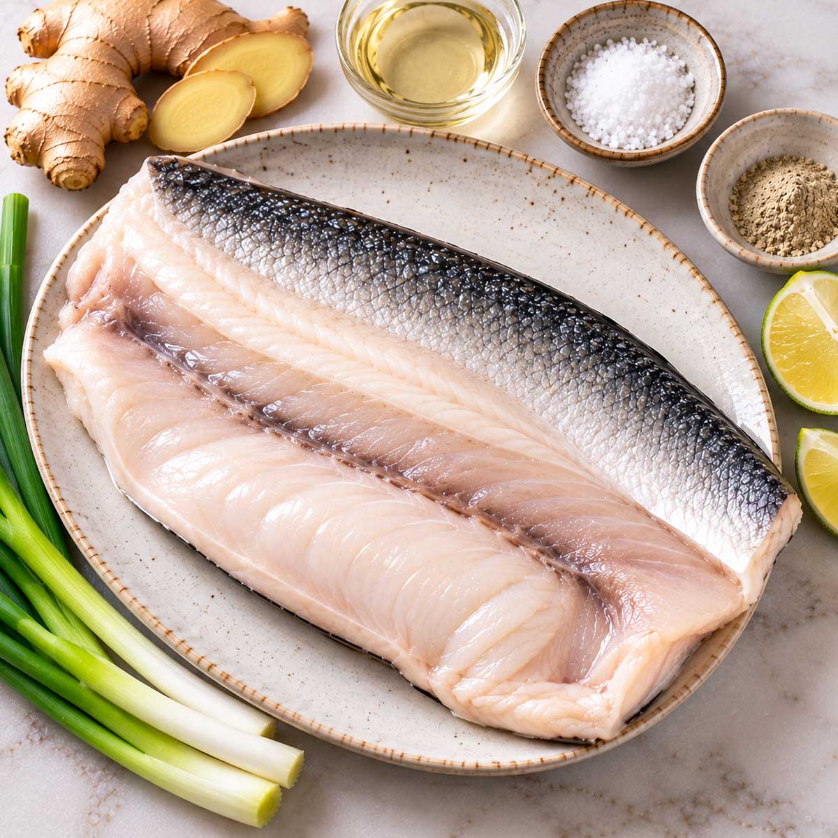 虱目魚肚、鹽、胡椒、食用油、薑、青蔥與檸檬材料