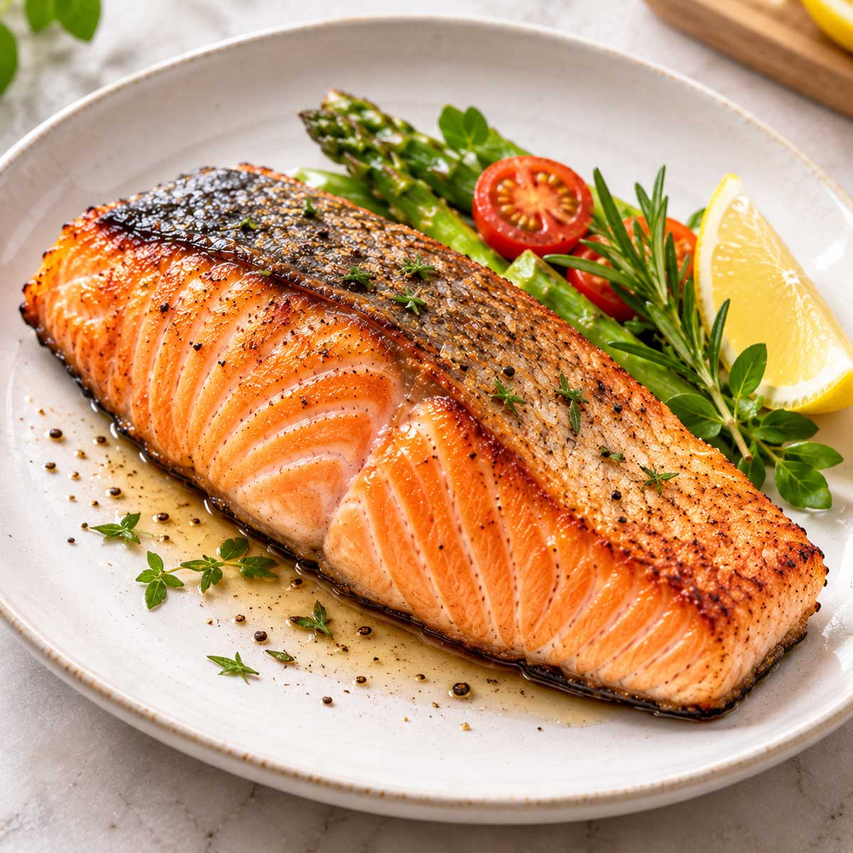 魚皮金黃並搭配檸檬與香草的香煎鮭魚料理