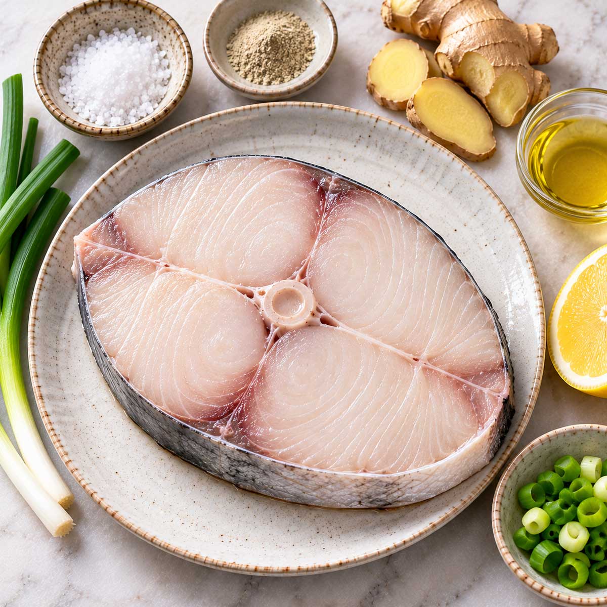 生土魠魚排、鹽、白胡椒、薑、青蔥、檸檬與食用油