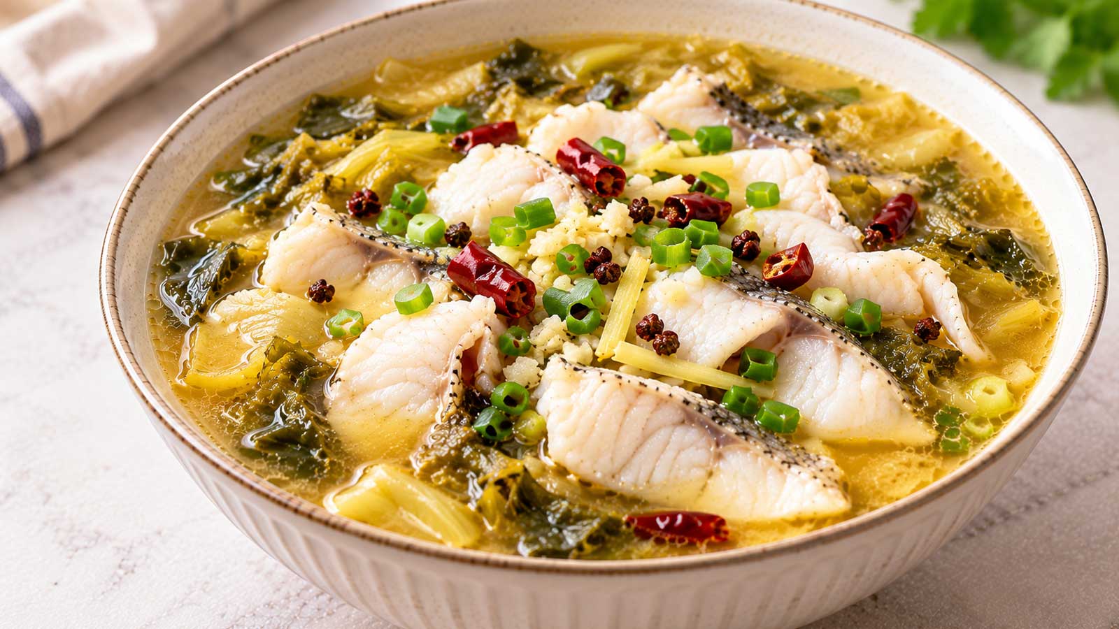 酸菜、魚片、辣椒與湯汁組成的酸菜魚完成料理
