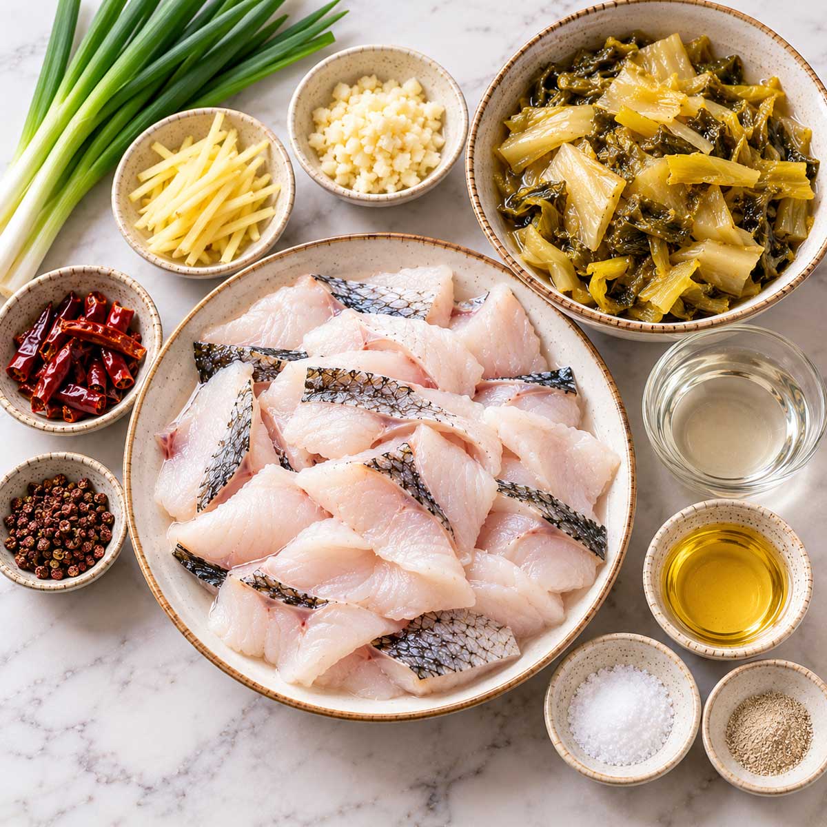 魚片、酸菜、薑、蒜、辣椒與醃魚材料