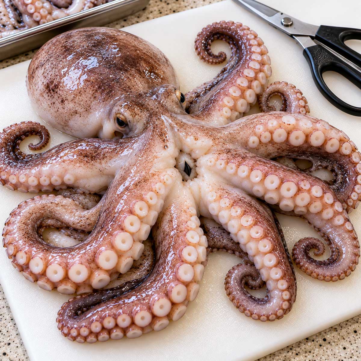 準備清理的整隻章魚和料理工具