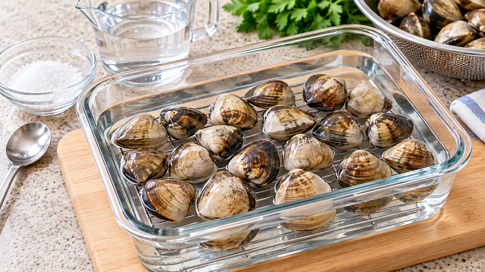 文蛤平鋪淺盤在淡鹽水中吐沙的料理前處理