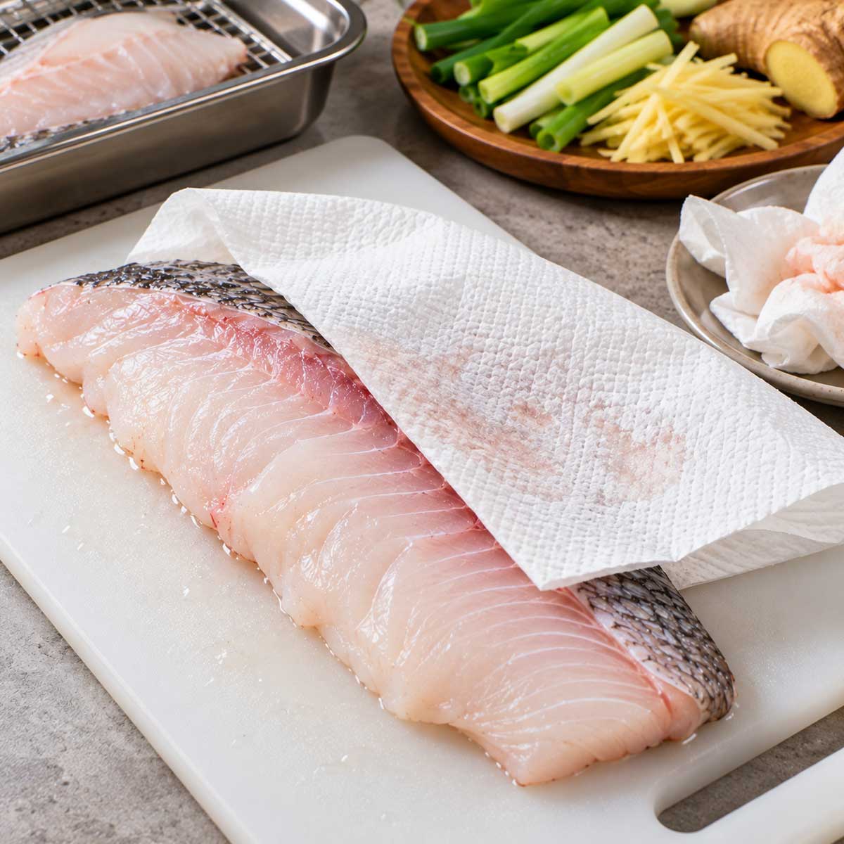 清理海鮮並以紙巾瀝乾的去腥處理步驟