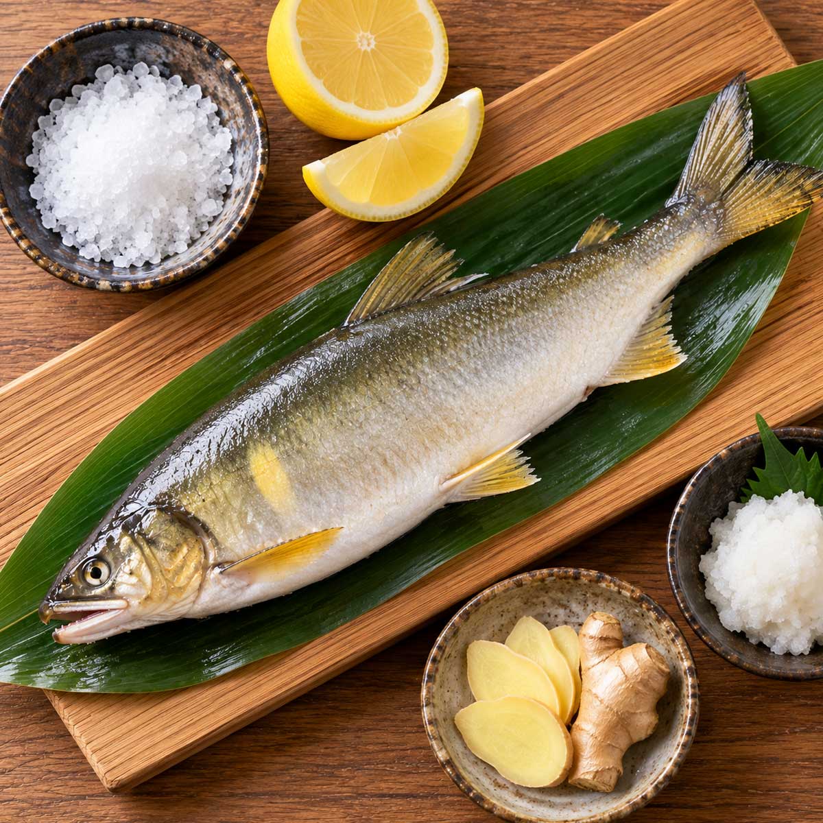 整尾香魚、海鹽、檸檬與白蘿蔔泥等鹽烤材料