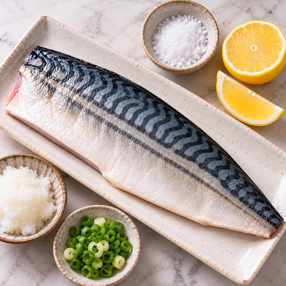 生鯖魚片、鹽、檸檬與白蘿蔔泥