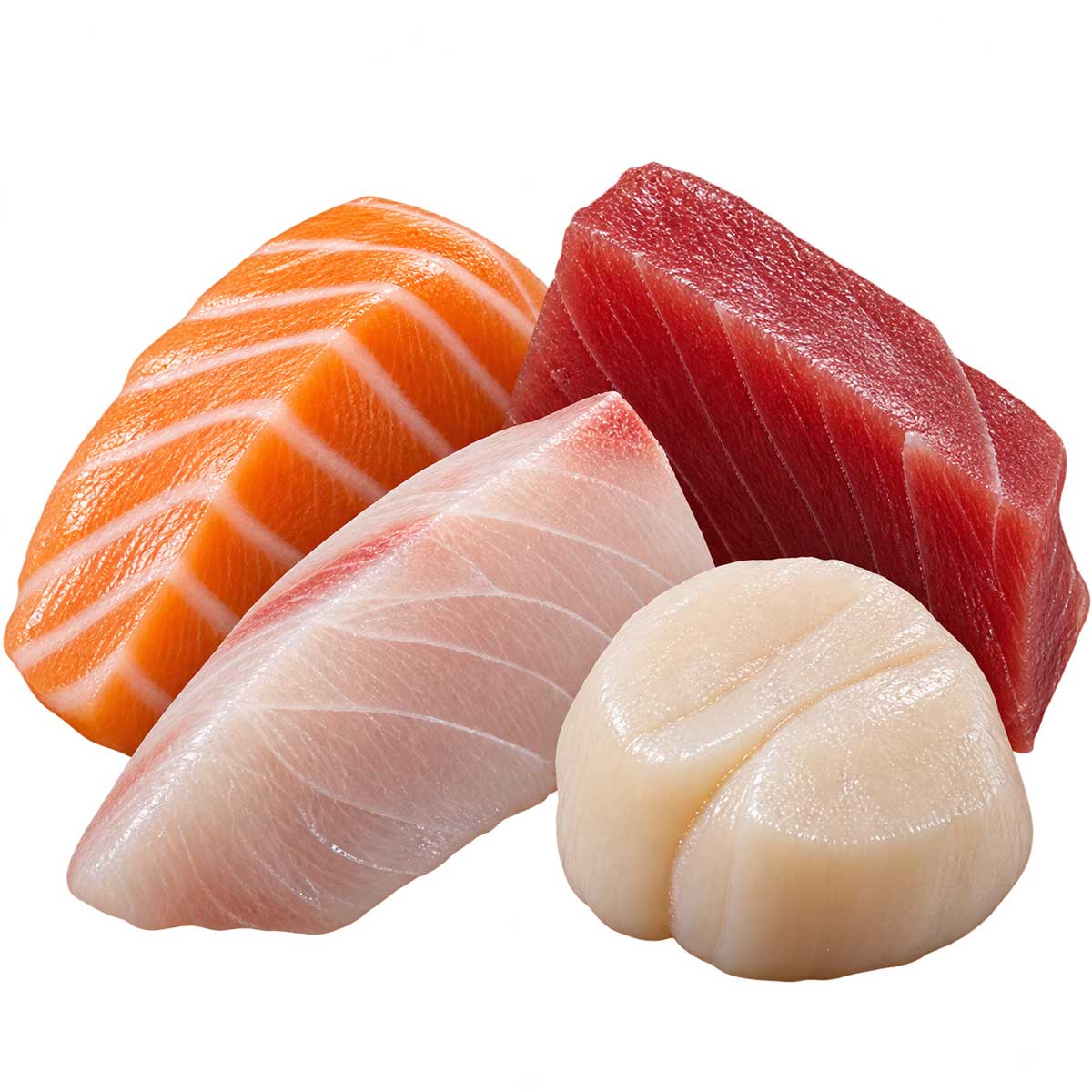 鮭魚、鮪魚、旗魚與干貝刺身拼盤外觀