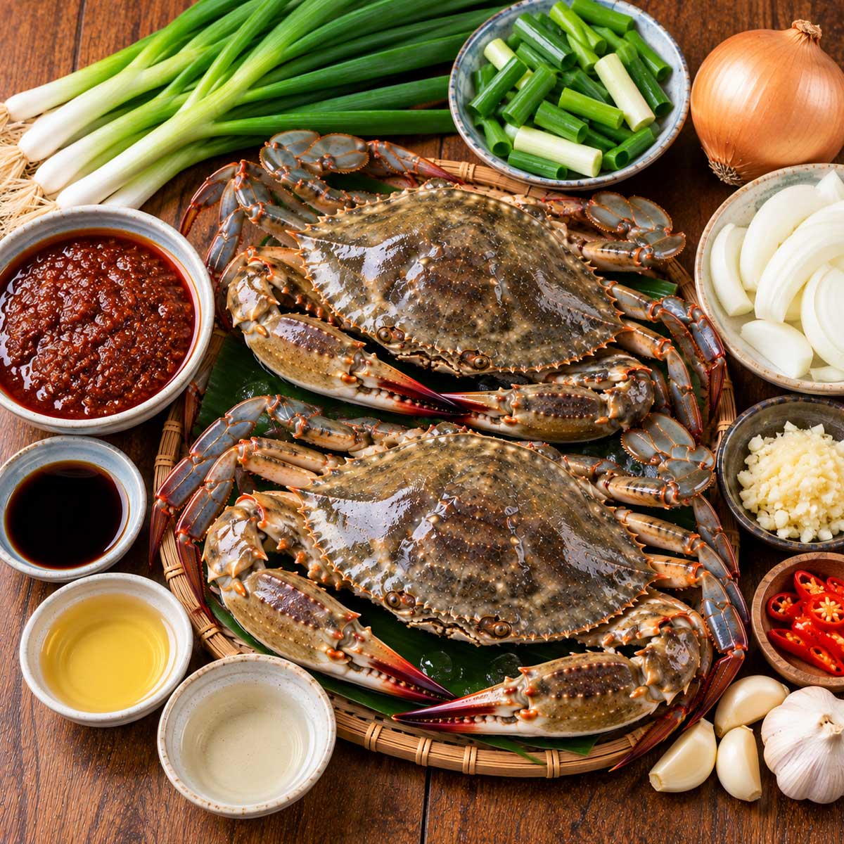 沙茶炒蟹食材:螃蟹、沙茶醬、蒜、薑、蔥與調味料