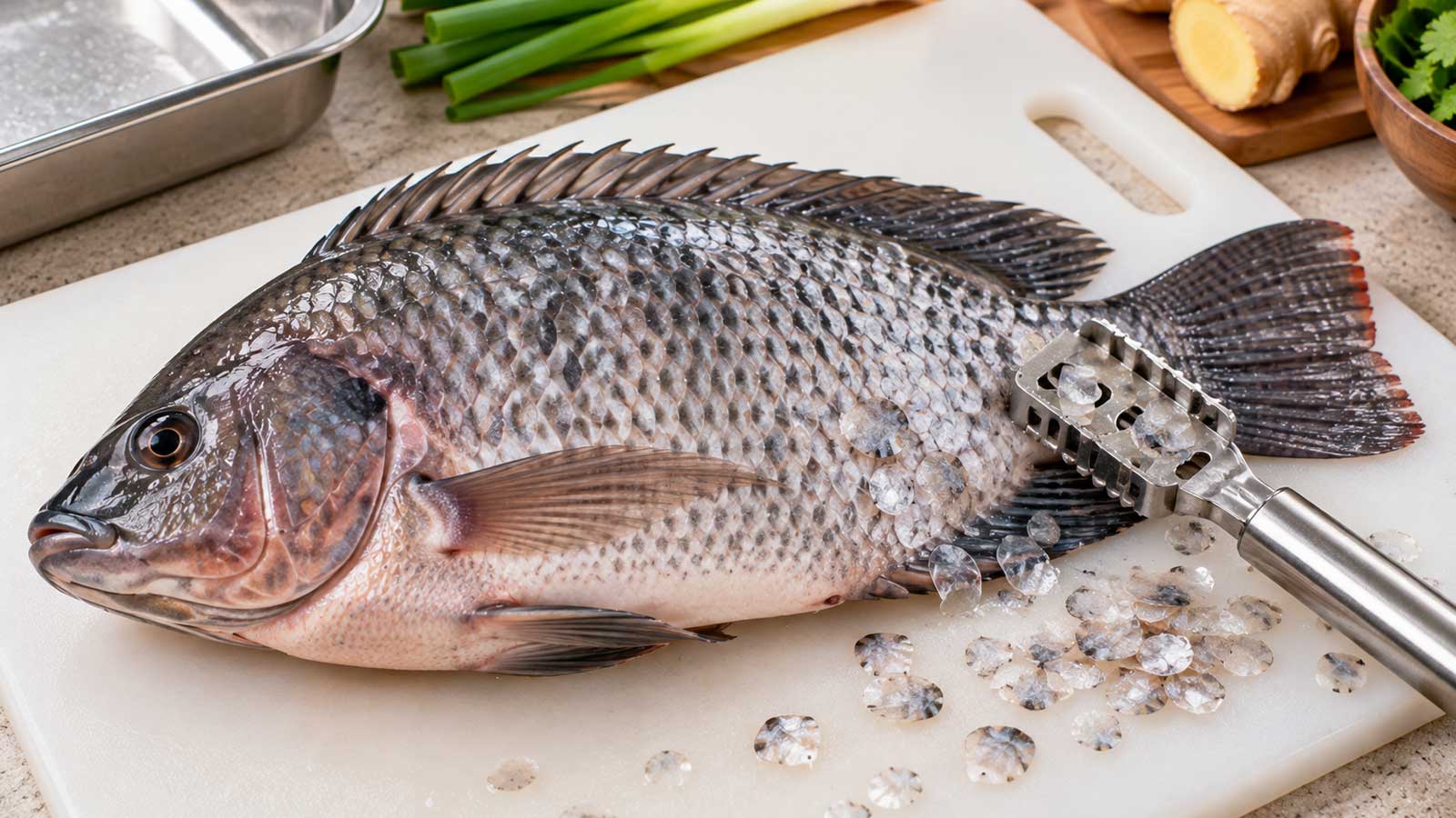 用刮鱗工具沿著魚身從魚尾往魚頭去除魚鱗