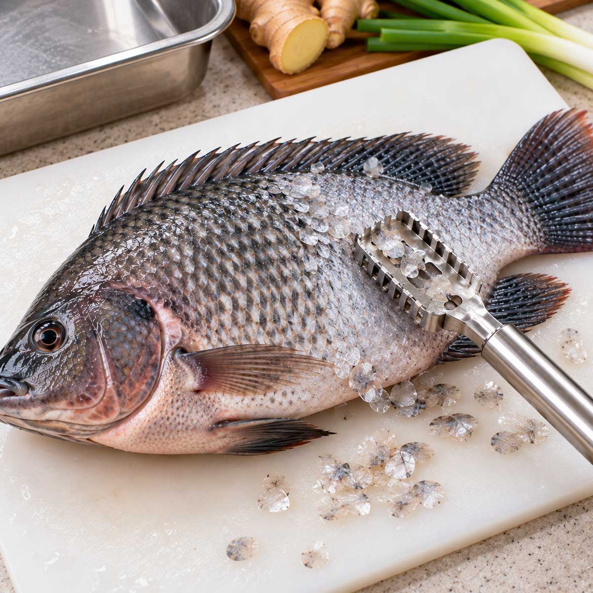 刮鱗器由魚尾往魚頭處理魚身並檢查魚鰭附近