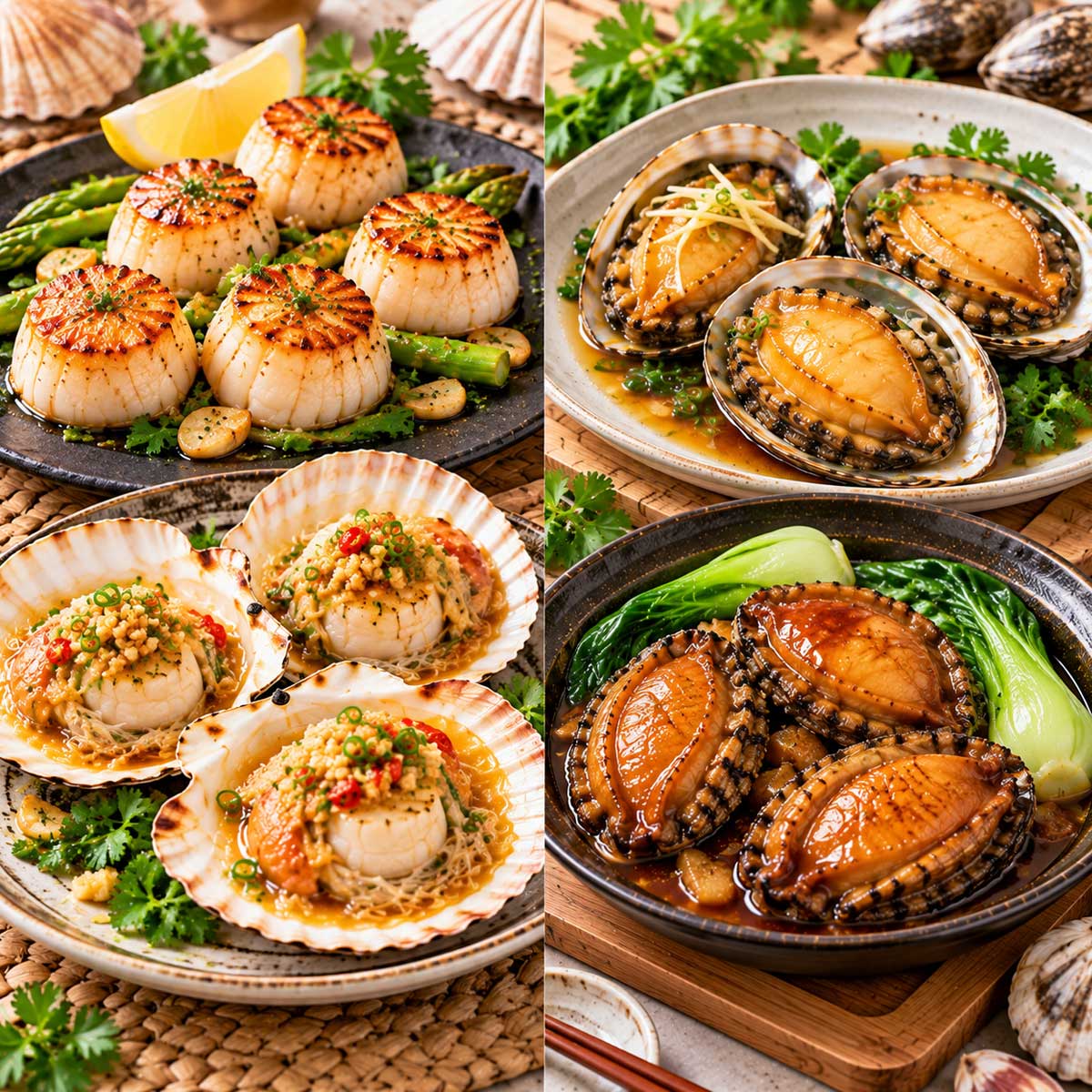 香煎干貝、扇貝與鮑魚料理