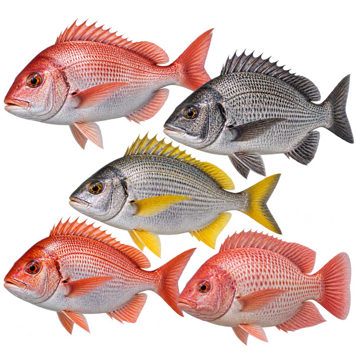 多種鯛魚完整魚體展示，用於介紹鯛魚種類與市場名稱差異