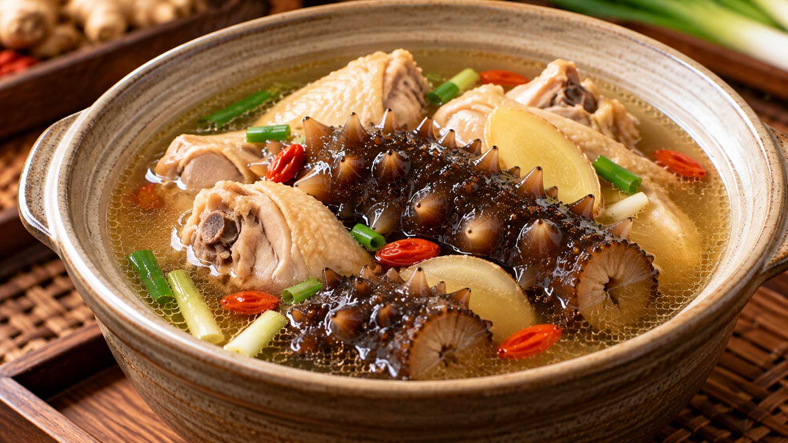 海參雞湯完成料理，海參搭配雞肉與薑蔥湯底