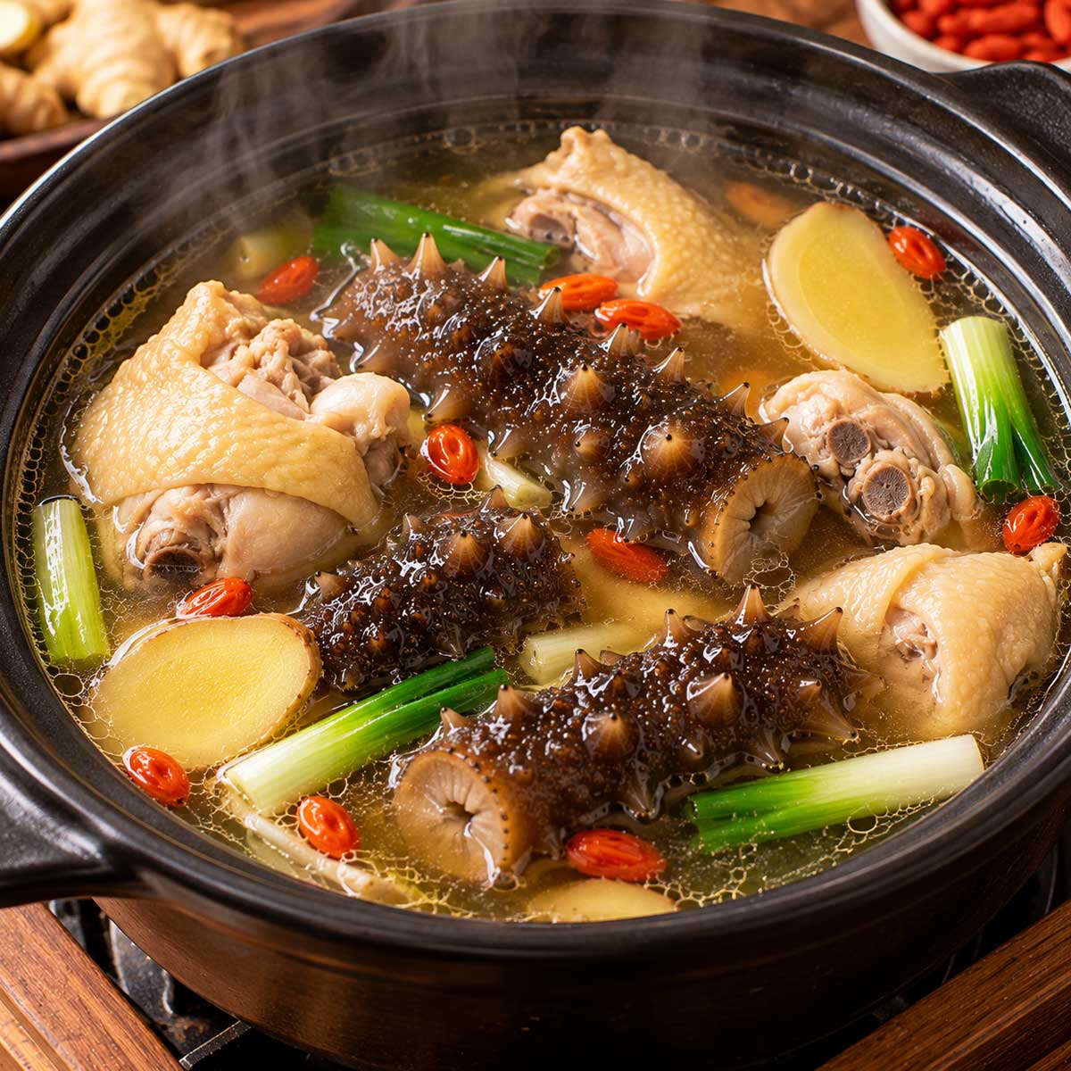 海參雞湯關鍵步驟：海參與雞肉在薑蔥雞湯中小火加熱