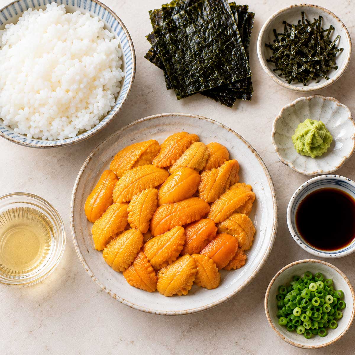 海膽丼食材與調味料:海膽、米飯、海苔及醬油