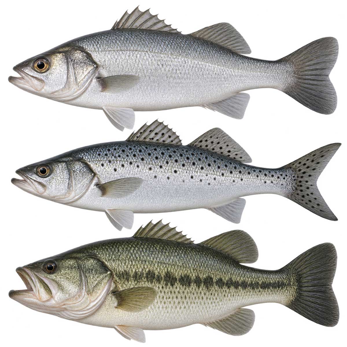 多種鱸魚完整魚體展示，用於介紹金目鱸、七星鱸與加州鱸差異