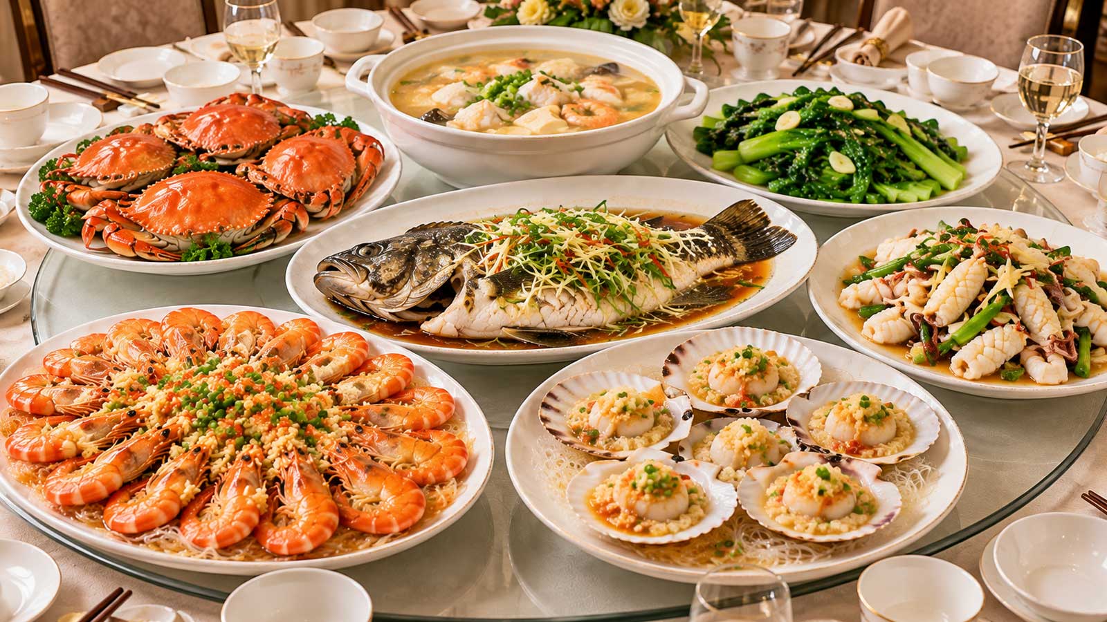 宴客海鮮整桌菜有清蒸魚、蒜蓉粉絲蝦、清蒸蟹、蒜蓉蒸扇貝、炒花枝、海鮮豆腐湯與青菜