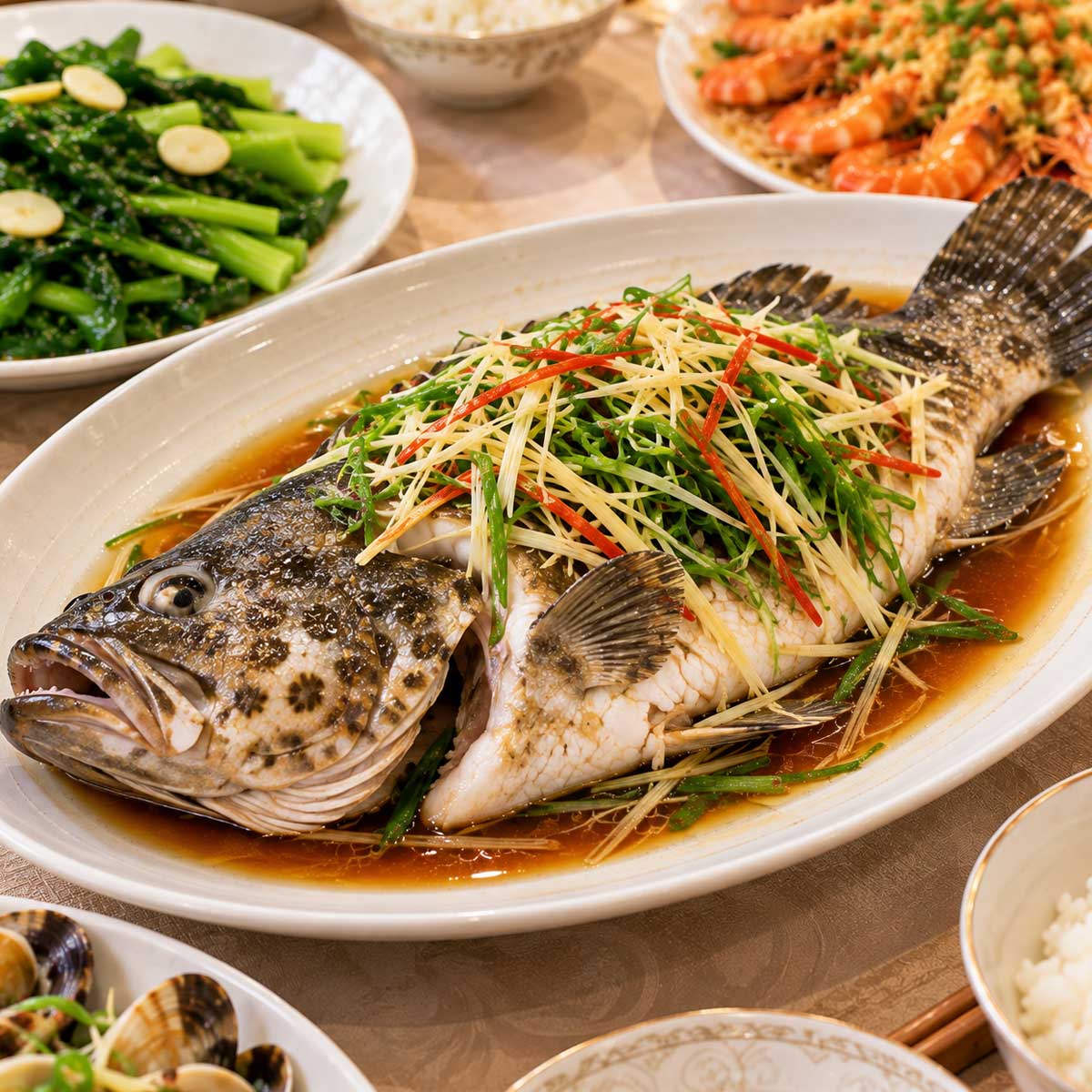 宴客海鮮菜單中的薑蔥清蒸魚