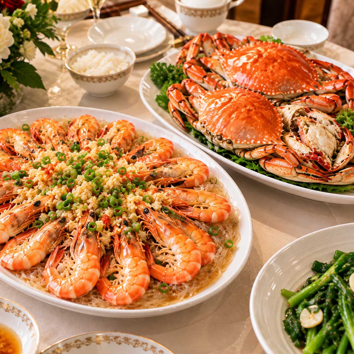 宴客海鮮菜單中的蒜蓉粉絲蝦與清蒸蟹