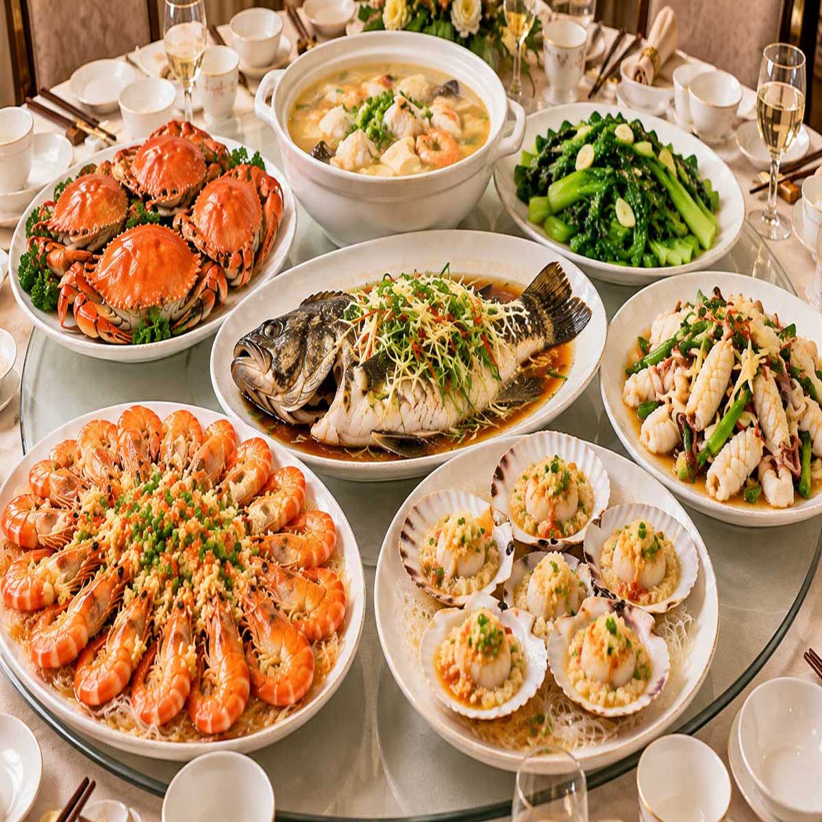 清蒸魚、蒸蟹、蒜香蝦、蒸扇貝、花枝、海鮮湯的餐桌示意圖