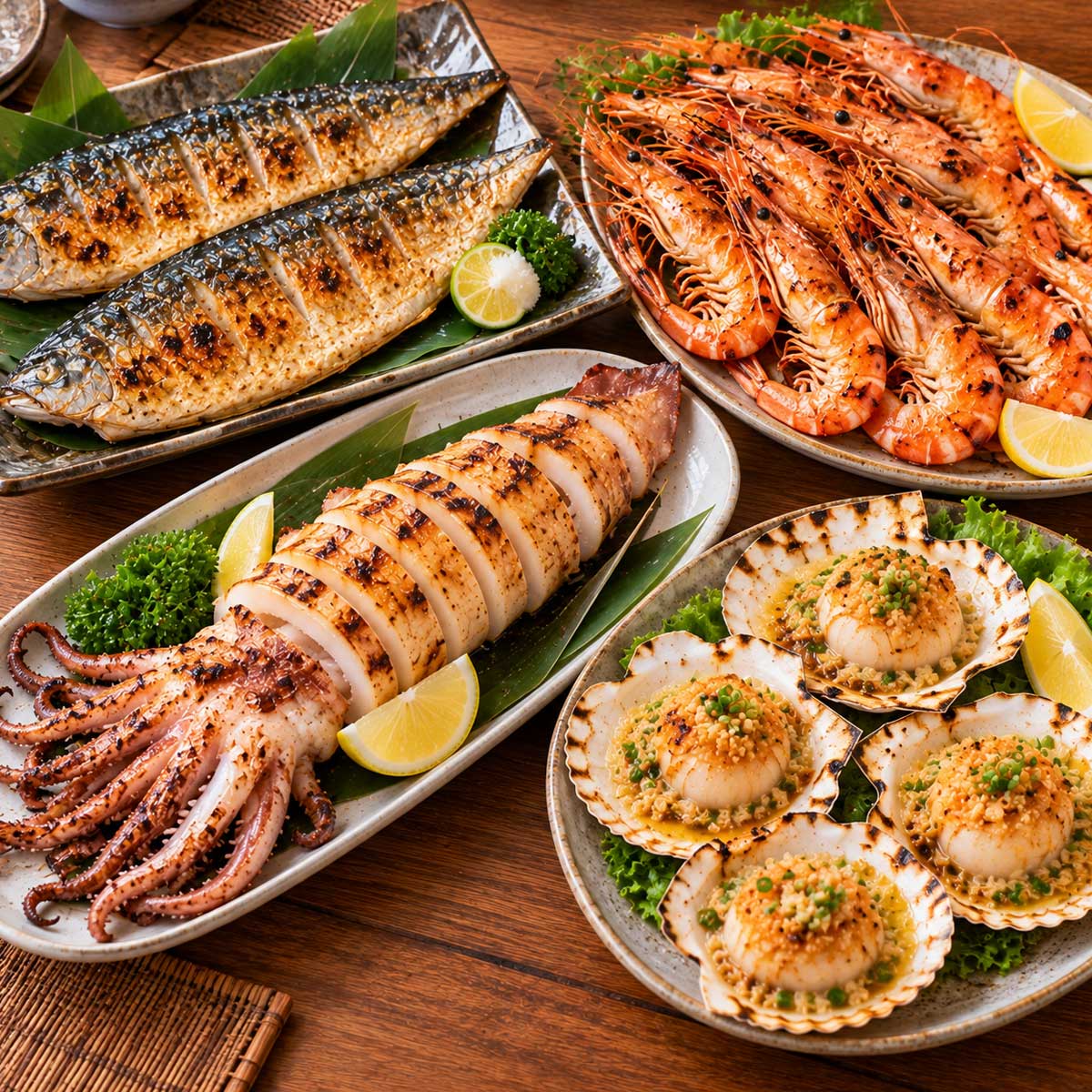 鹽烤魚、烤蝦、烤中卷和蒜香扇貝的燒烤海鮮主菜