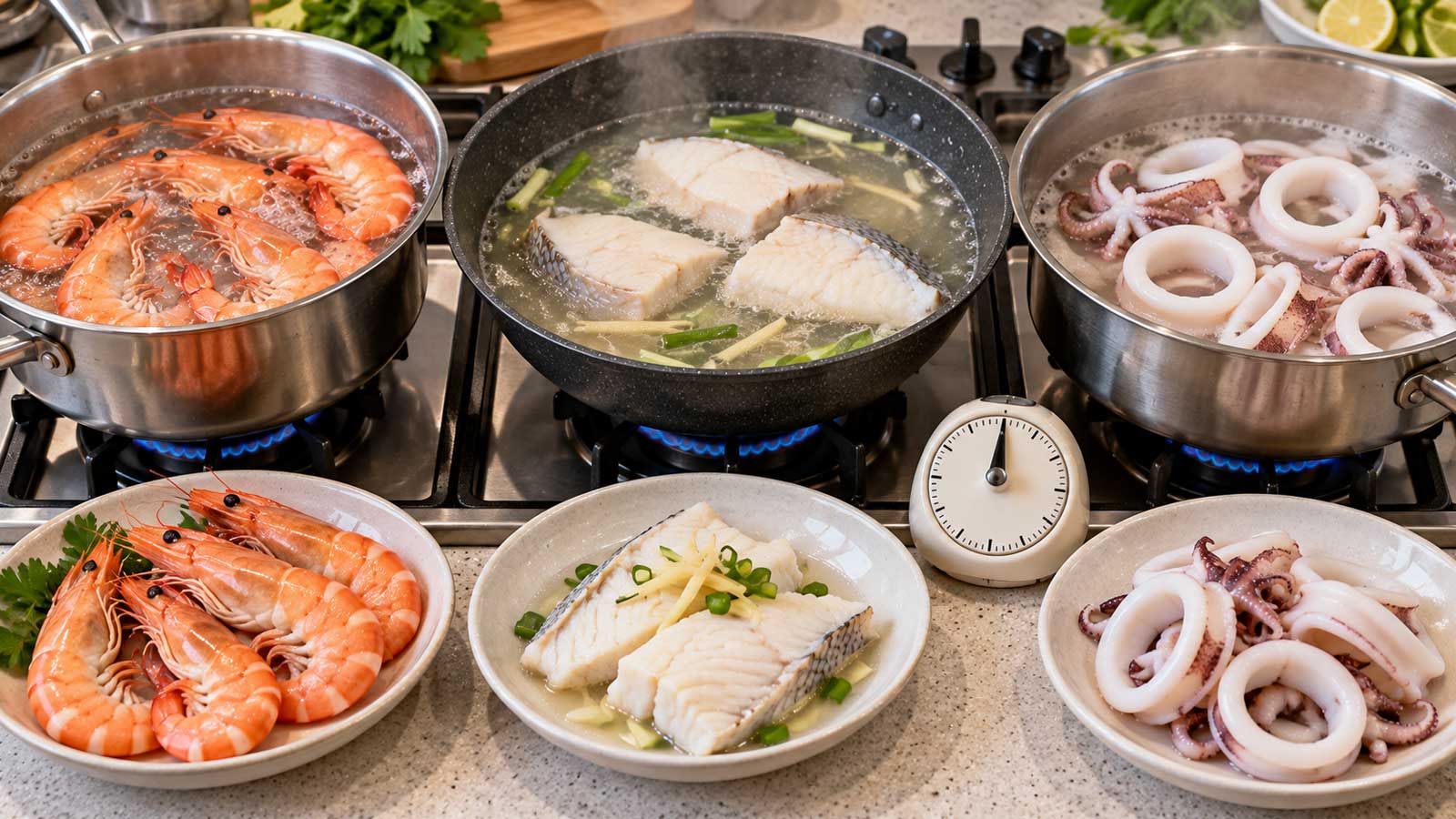 海鮮料理的魚、蝦與貝類熟度和烹煮時間示意