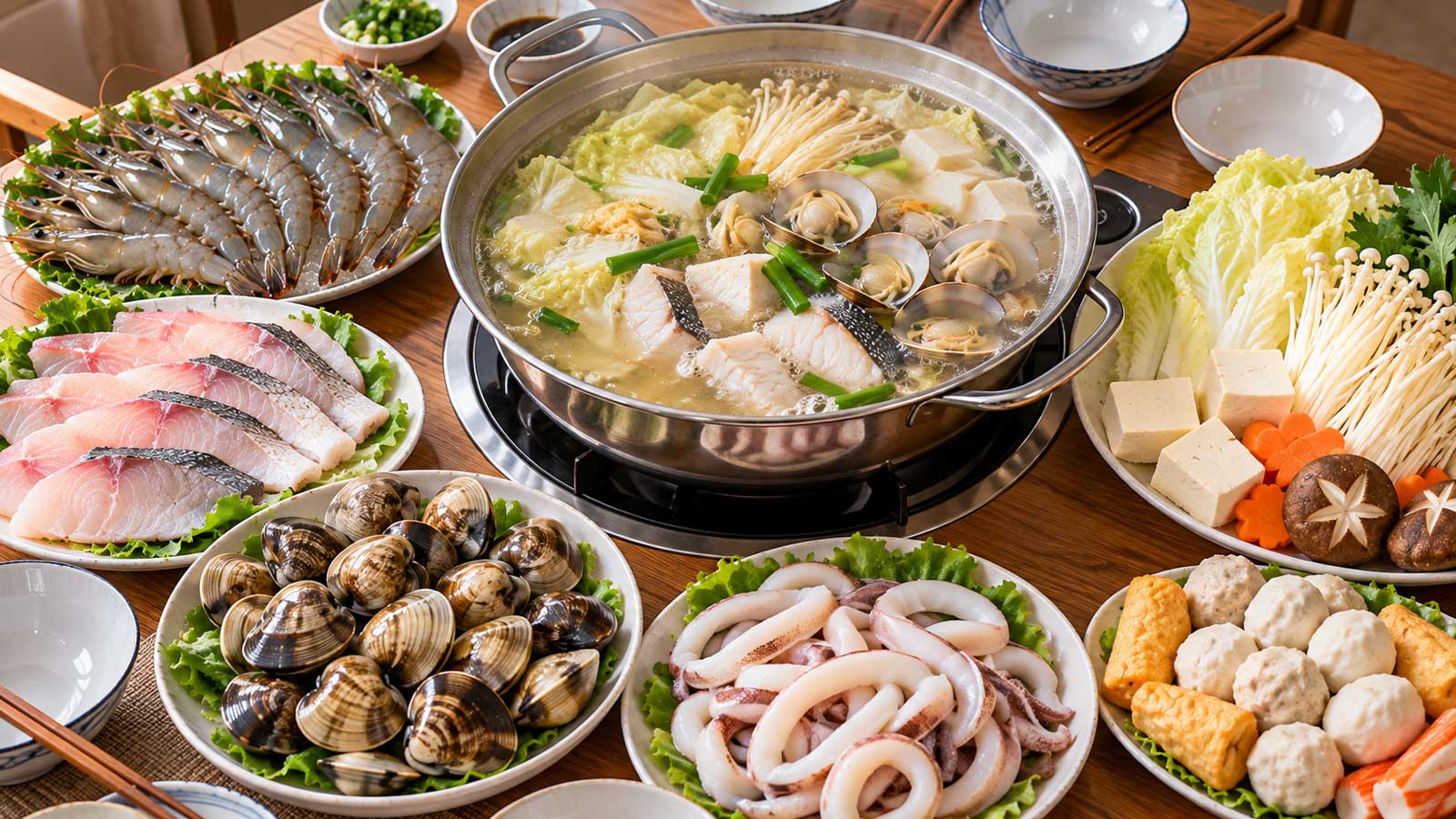 海鮮火鍋菜單有蝦、魚片、蛤蜊、魷魚圈、白菜、金針菇、豆腐與火鍋料