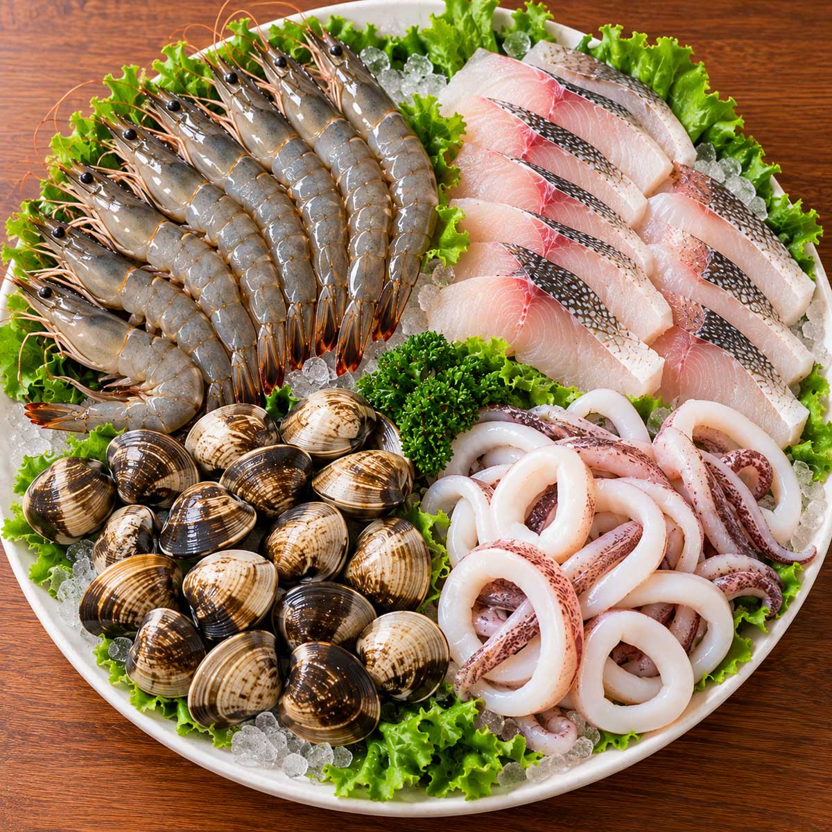 海鮮火鍋食材盤有鮮蝦、魚片、蛤蜊與魷魚圈