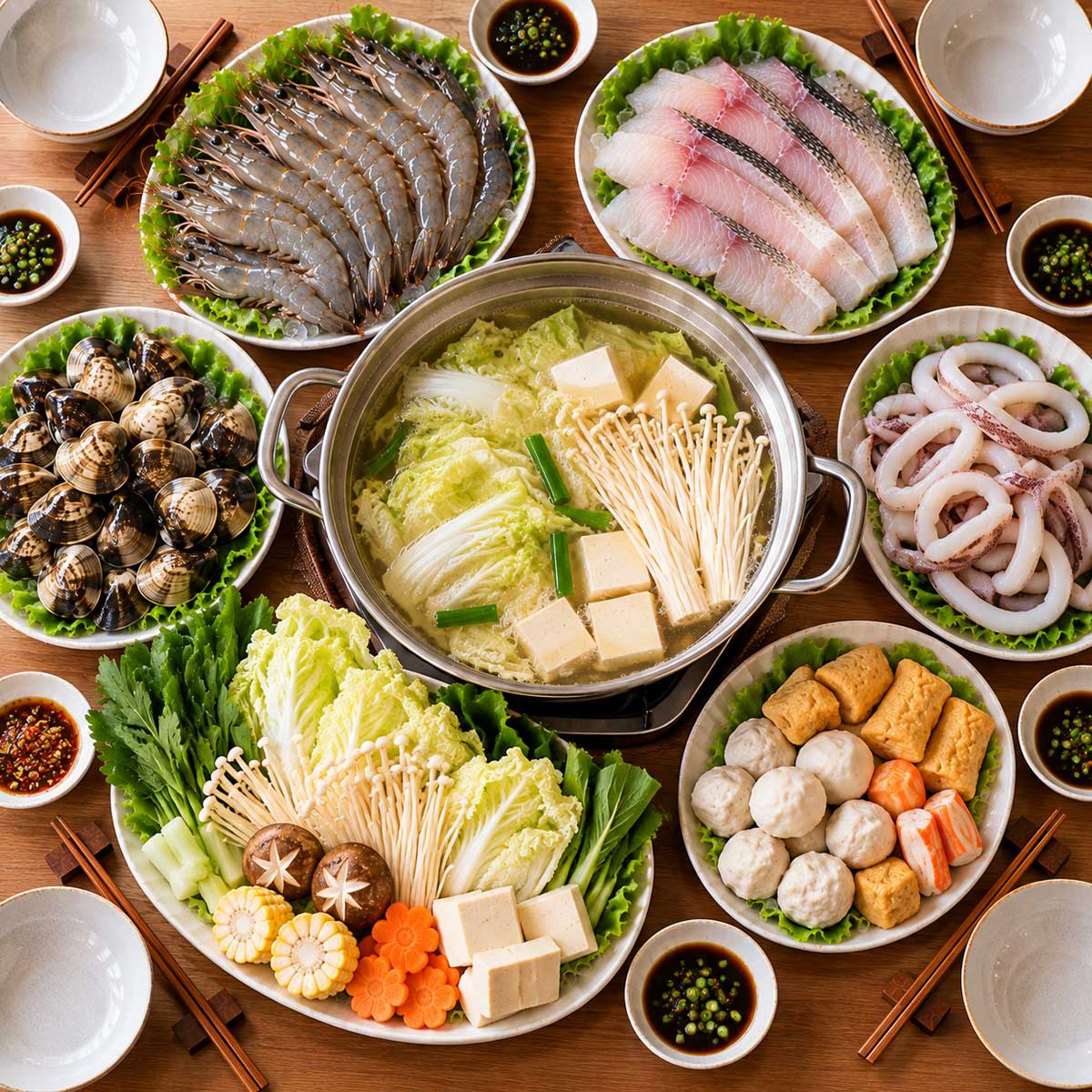魚片、蝦、蛤蜊、花枝、丸餃、蔬菜與清湯底的餐桌示意圖