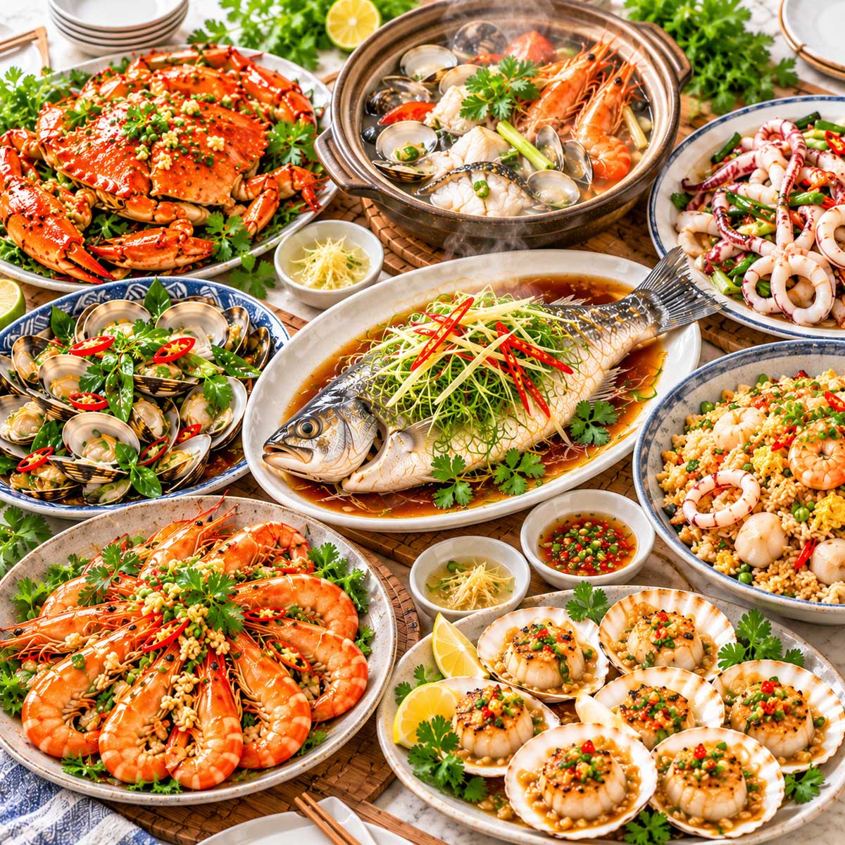 清蒸魚、蝦、蟹、貝類與湯品組成的海鮮料理菜單