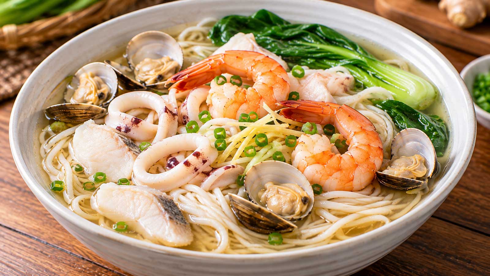 有蝦仁、魷魚、蛤蜊與青菜的海鮮湯麵