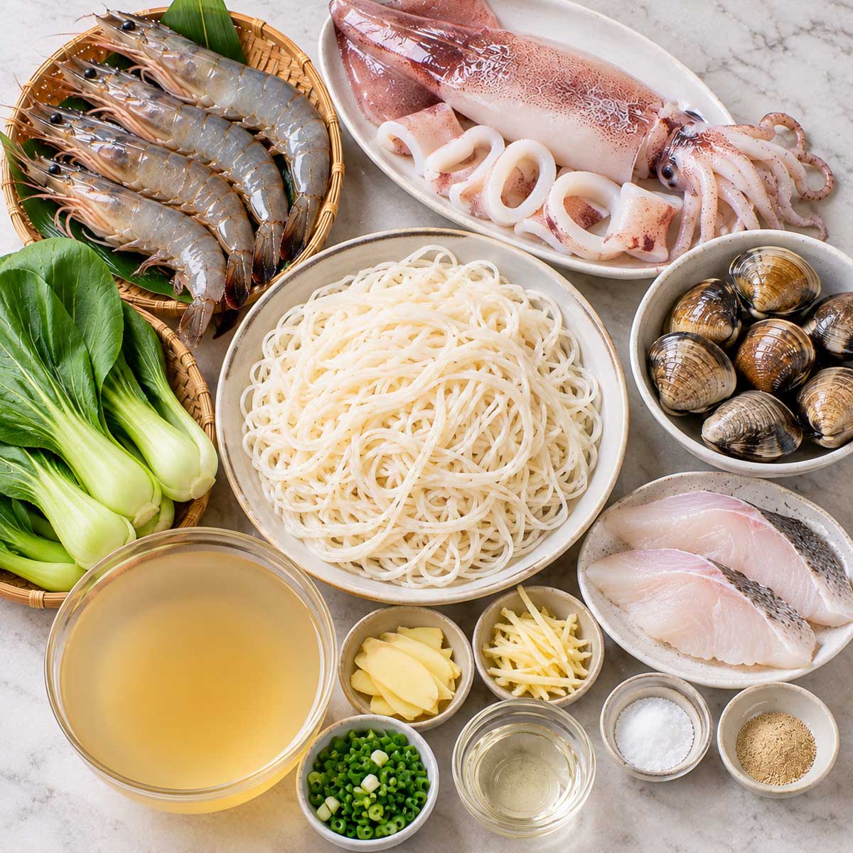 海鮮湯麵材料:麵條、蝦、魷魚、蛤蜊、青菜與薑蒜