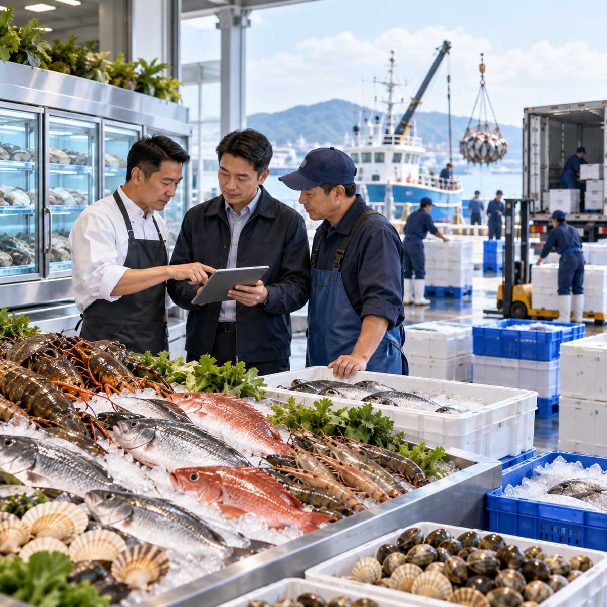 海鮮合作洽談場景,海鮮店經營者、供應端與產業夥伴在水產市場討論合作