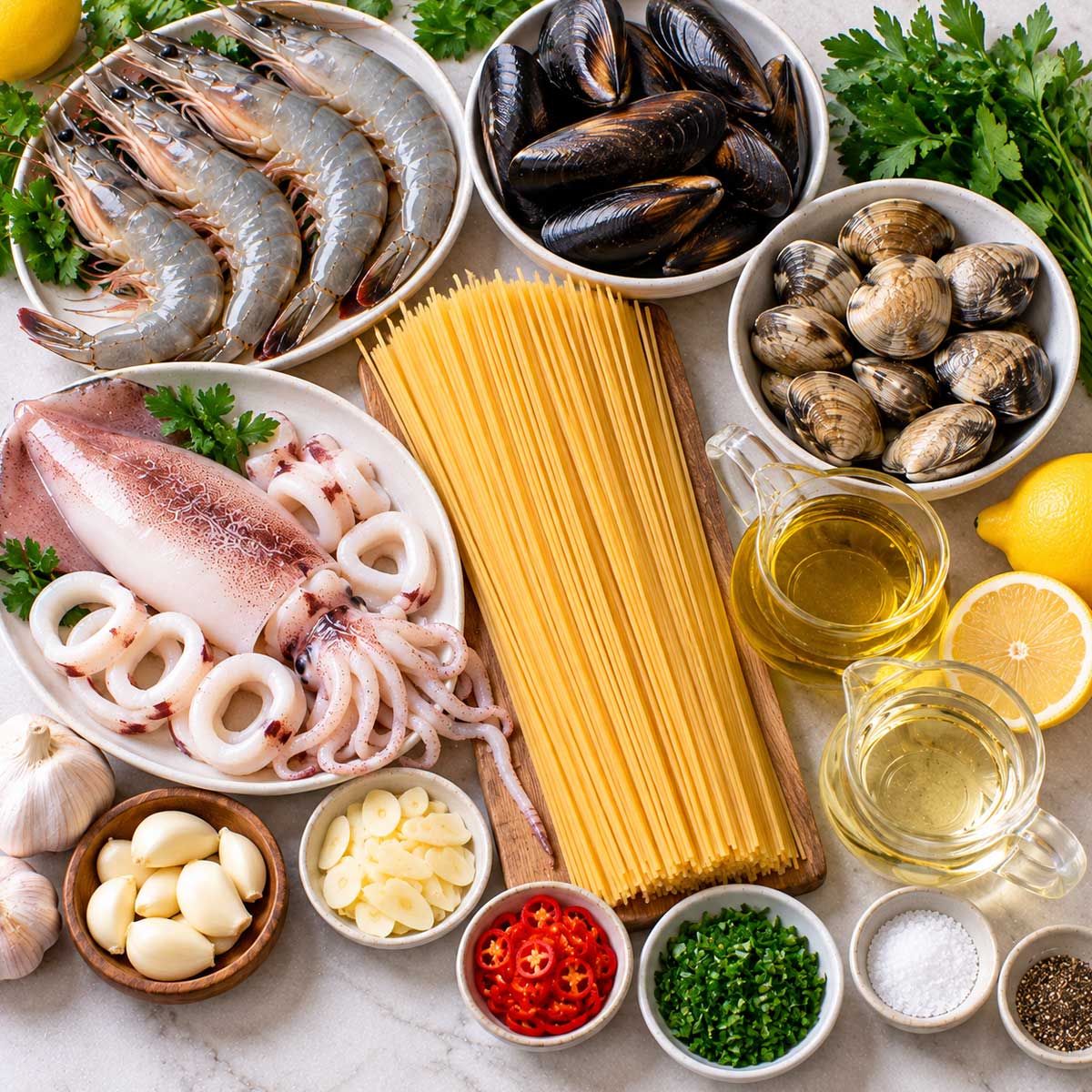 海鮮義大利麵材料，義大利麵、蝦、魷魚、蛤蜊、蒜與橄欖油