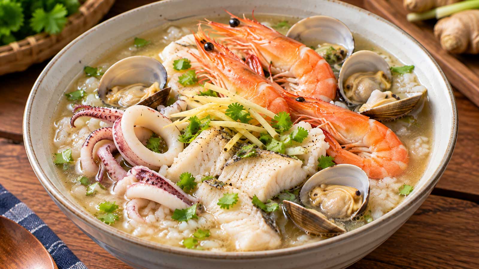 完成的海鮮粥，搭配蝦、魚片與蛤蜊