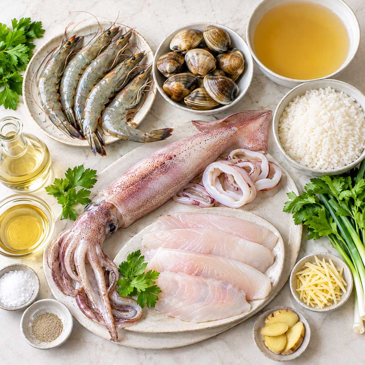海鮮粥材料：白米、蝦、魚片、蛤蜊與薑絲