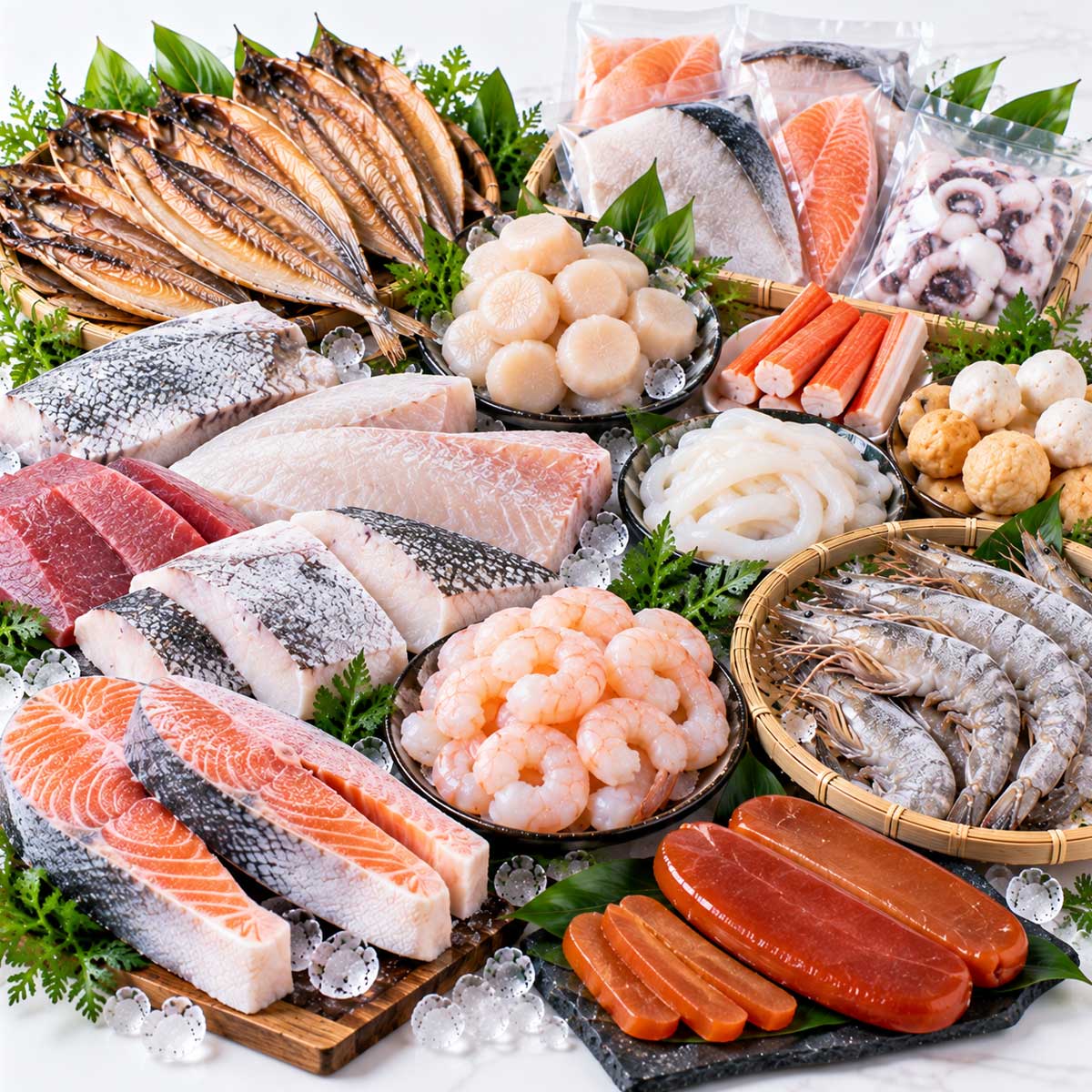 冷凍魚蝦蟹貝、生魚片、魚卵、乾貨與水產加工品組合